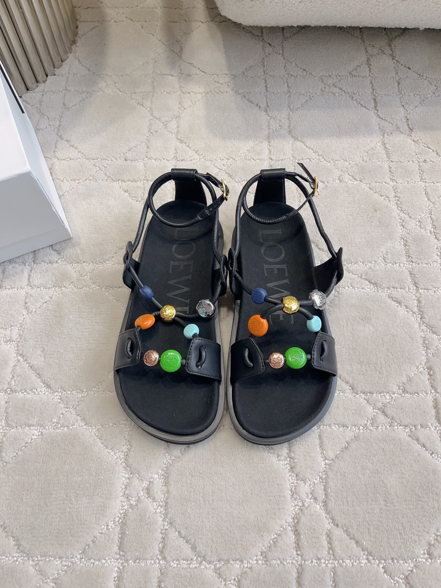 Loewe Comic Pebble Suede Leather Multi Color Engraved Anagram Resin Ankle Strappy Flat Sandals - KAIROO