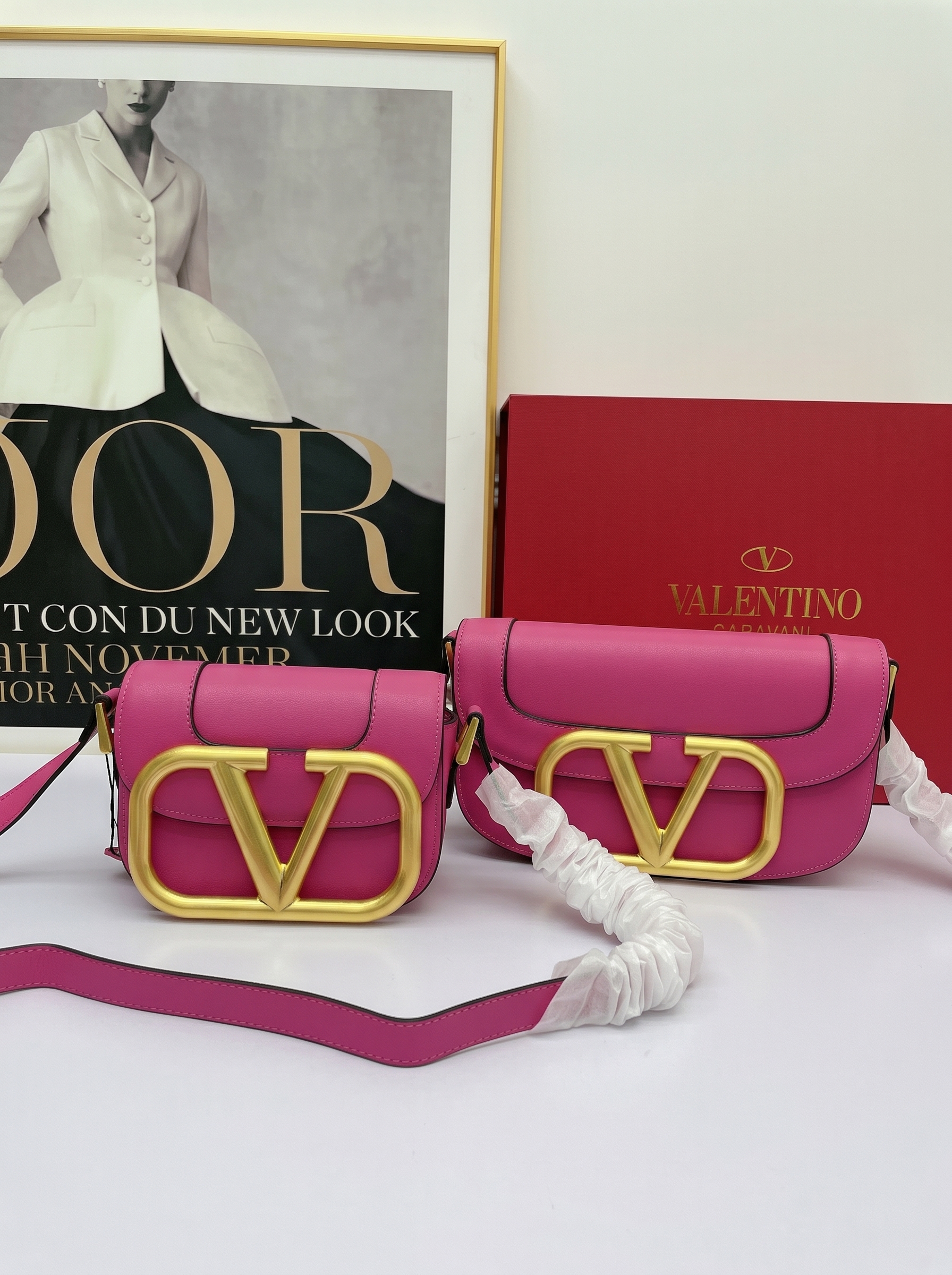 Valentino Mini& Small Oversized VLogo Signature Fuchsia Pink Leather Maxi Gold Hardware Flap Shoulder Bag - KAIROO