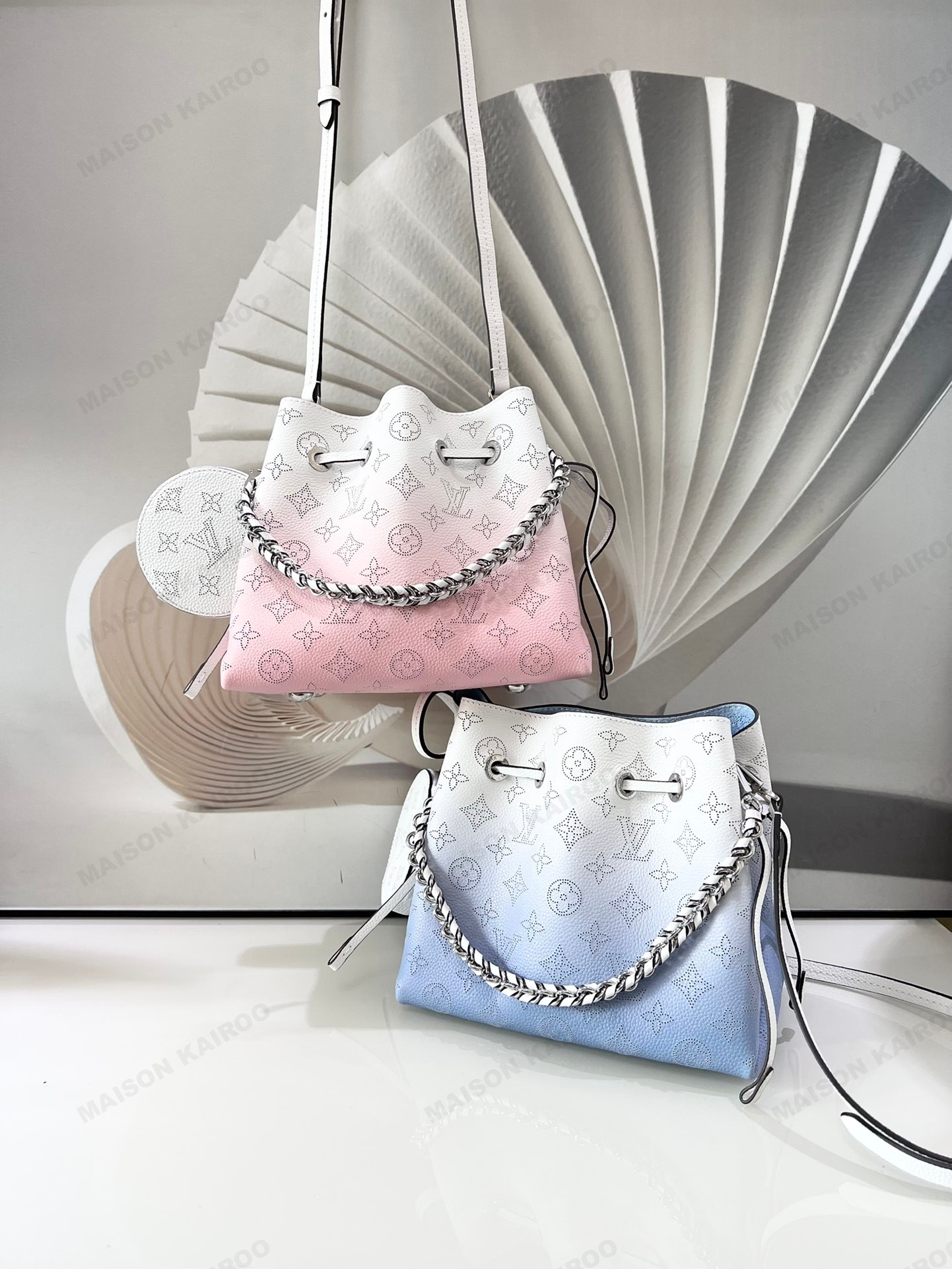 【10A】Louis Vuitton LV Mahina Bella Pink&Blue Gradient Perforated Monogram Leather Drawstring Bucket Shoulder Bag - KAIROO