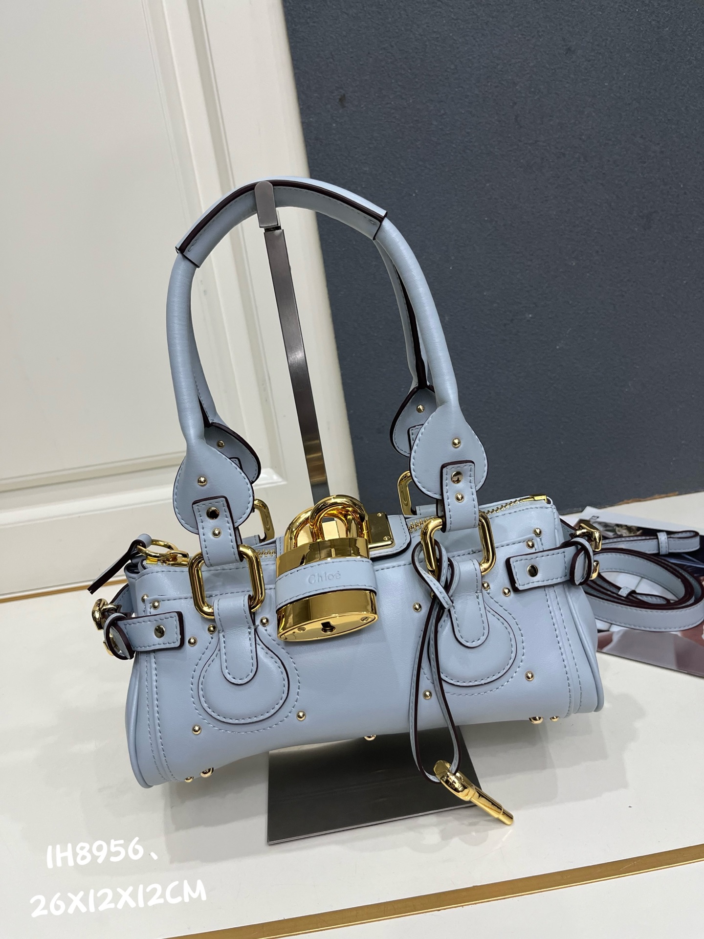 Chloe Paddington Light Blue Mini Oversized Rivet Padlock Key Smooth Leather Hobo Top Handle Bag - KAIROO