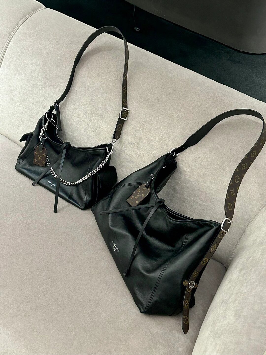 【15A】Louis Vuitton LV CarryAll Cargo Vibe PM/MM Black Leather Monogram Strap Hobo Shoulder Bag - KAIROO