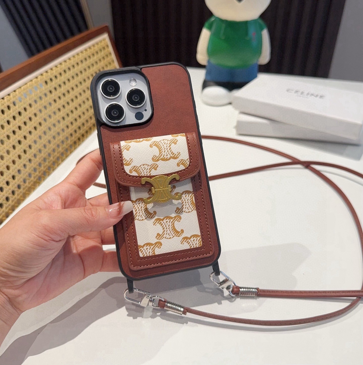 Celine White Triomphe Monogram Canvas Leather Trim Flap Pouch Phone Case with Strap - KAIROO