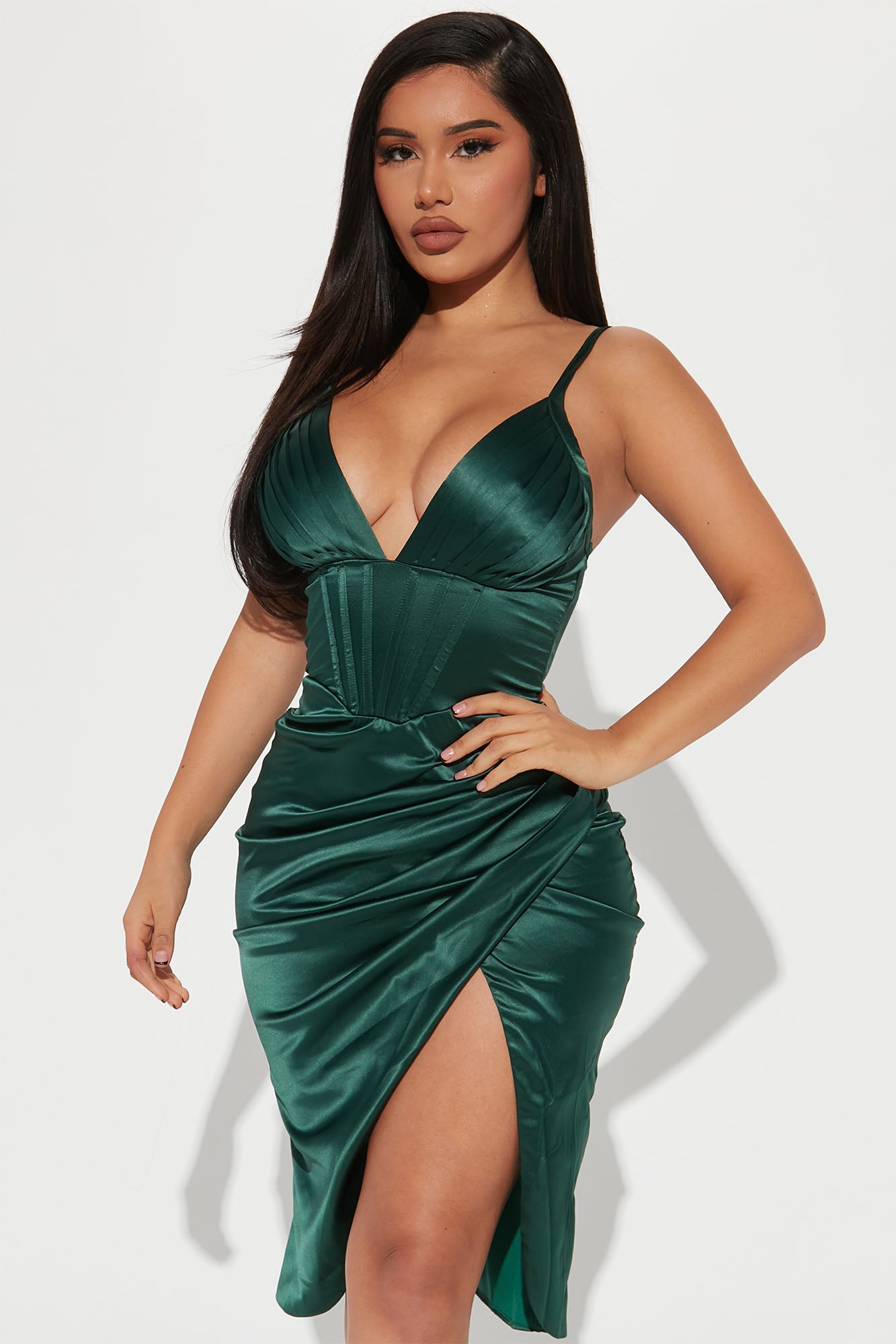 Hopelessly In Love Satin Midi Dress - Hunter