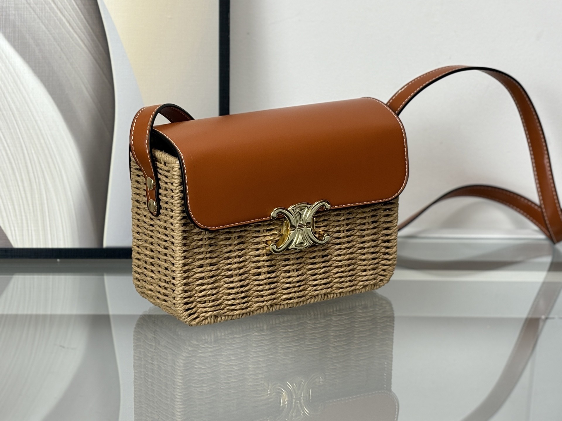 Celine Wicker Rattan Tan Leather Flap Gold Tone Triomphe Hardware Crossbody Box Bag - KAIROO