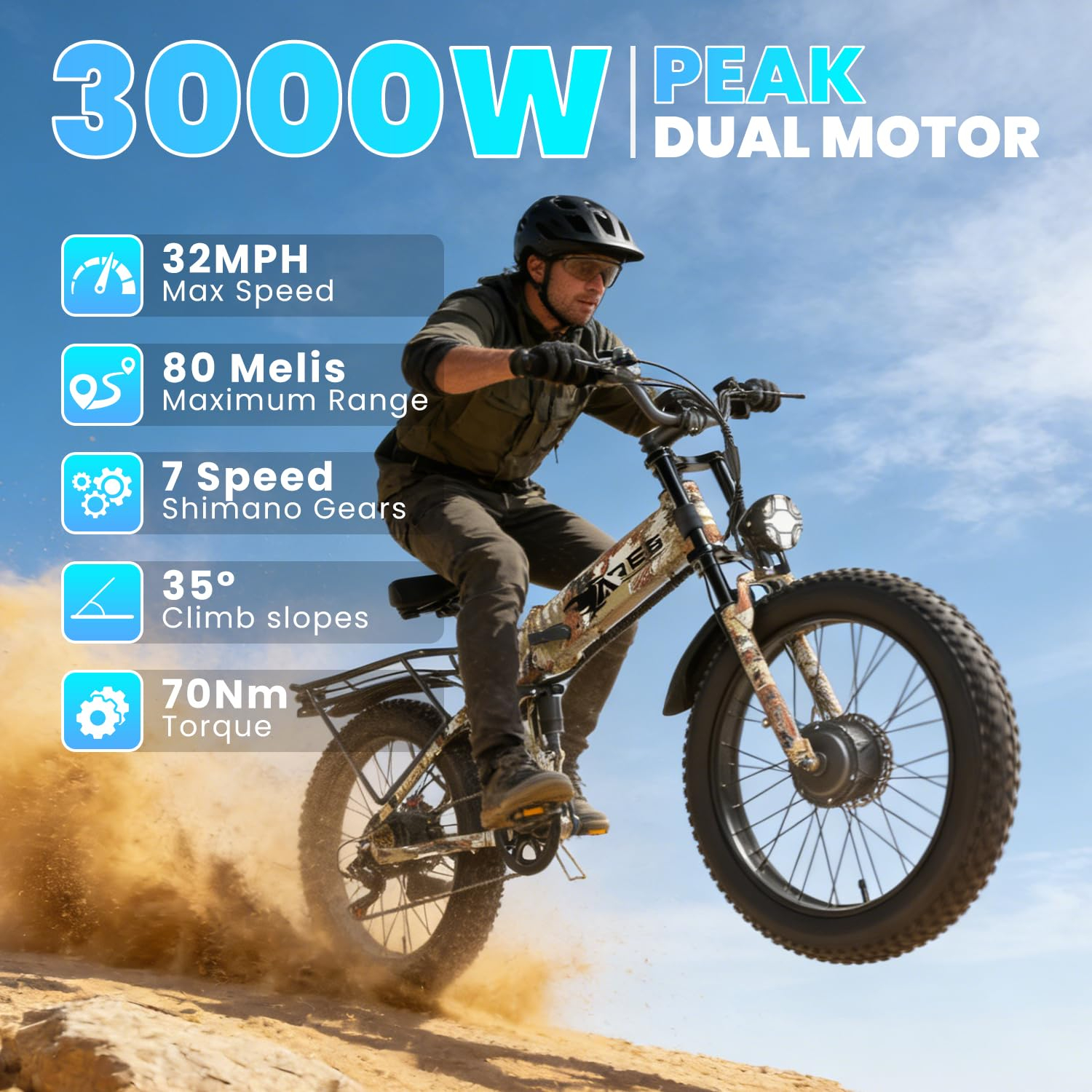 Foldable Electric Bike for Adults, 3000W/ 2000W Peak Dual Motor 32MPH 80/55 Miles Electric Dirt Ebike, 24