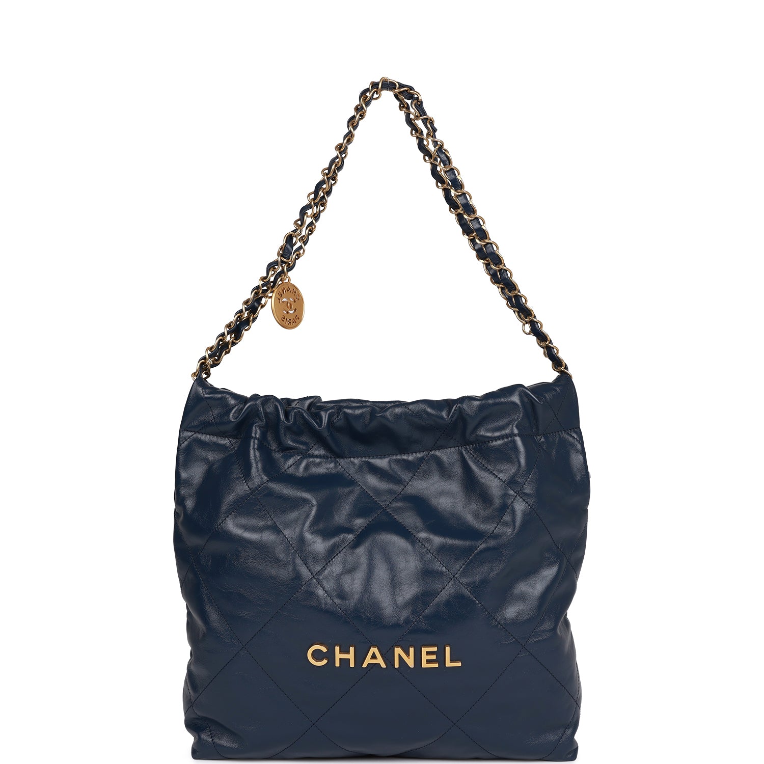 Chanel Large 22 Bag Navy Lambskin Antique Gold Hardware 132378