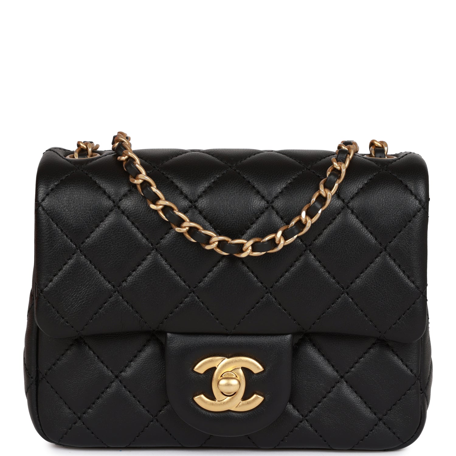 Chanel CC Pearl Crush Mini Square Flap Bag Black Lambskin Antique Gold Hardware A35200