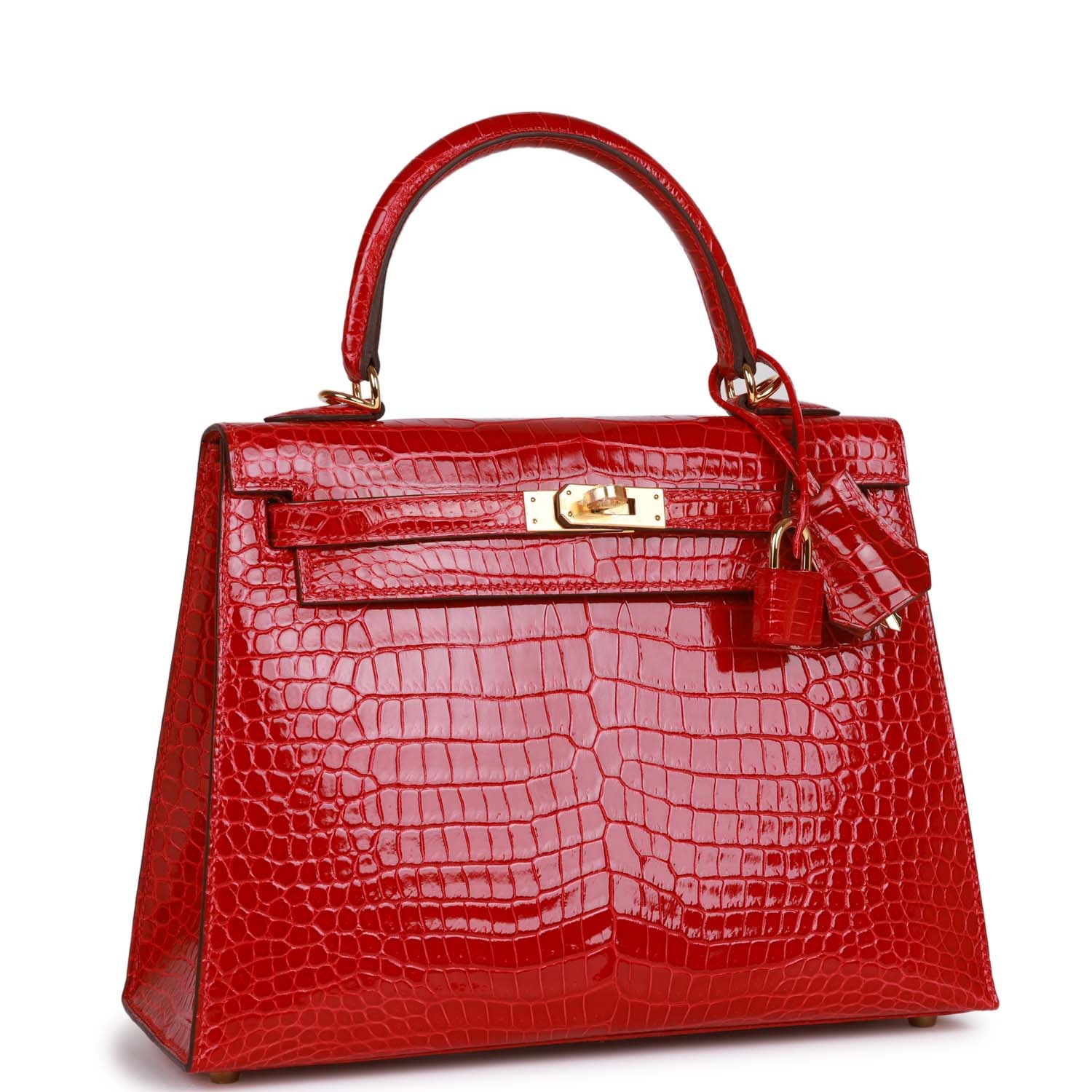 Hermes Kelly Sellier 25 Braise Shiny Porosus Crocodile Gold Hardware 158603