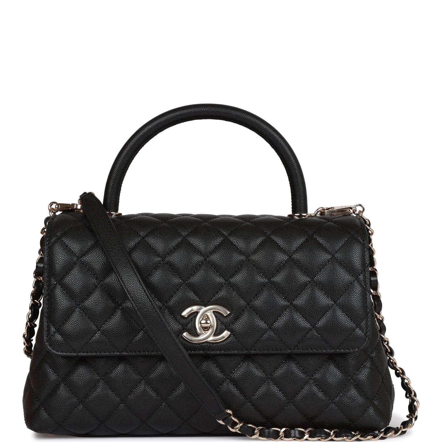 Chanel Small Coco Handle Flap Bag Black Caviar Light Gold Hardware A92990