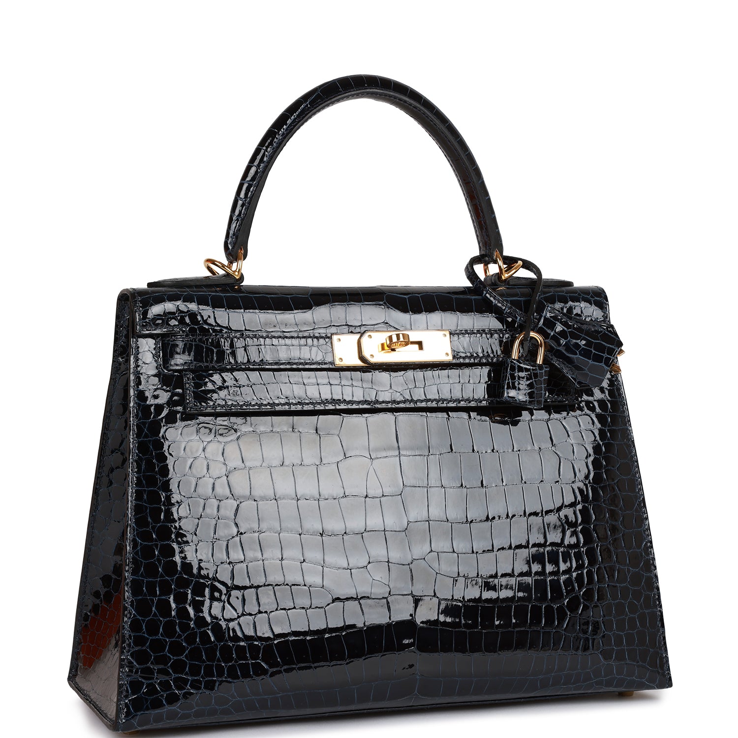 Hermes Kelly Sellier 28 Bleu Baltique Shiny Porosus Crocodile Gold Hardware 157078