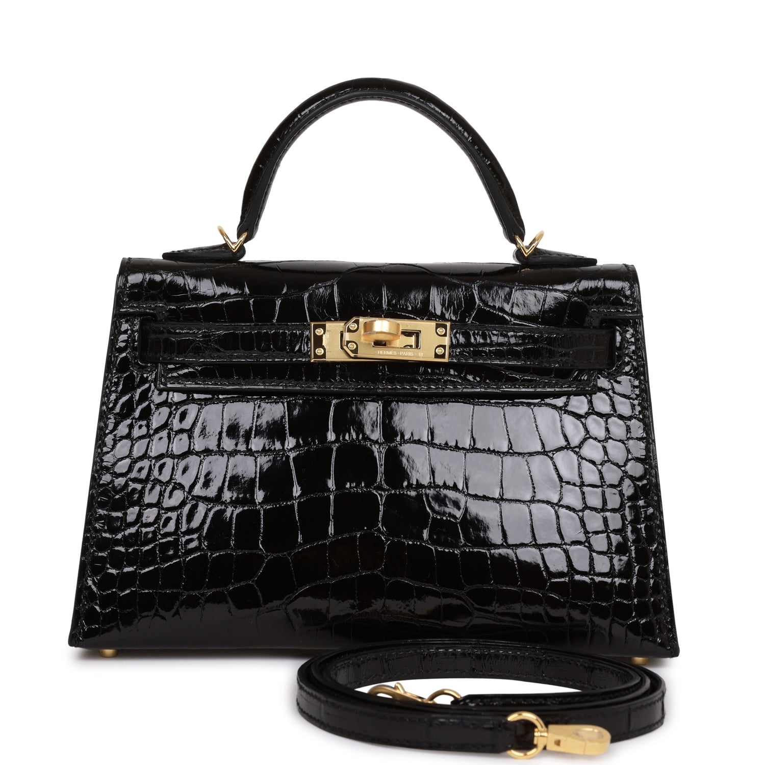 Hermes Kelly Sellier 20 Black Shiny Alligator Gold Hardware 416495