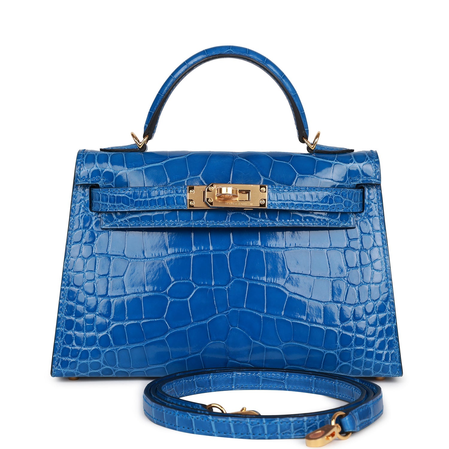 Hermes Kelly Sellier 20 Bleu Zellige Shiny Alligator Gold Hardware 157079
