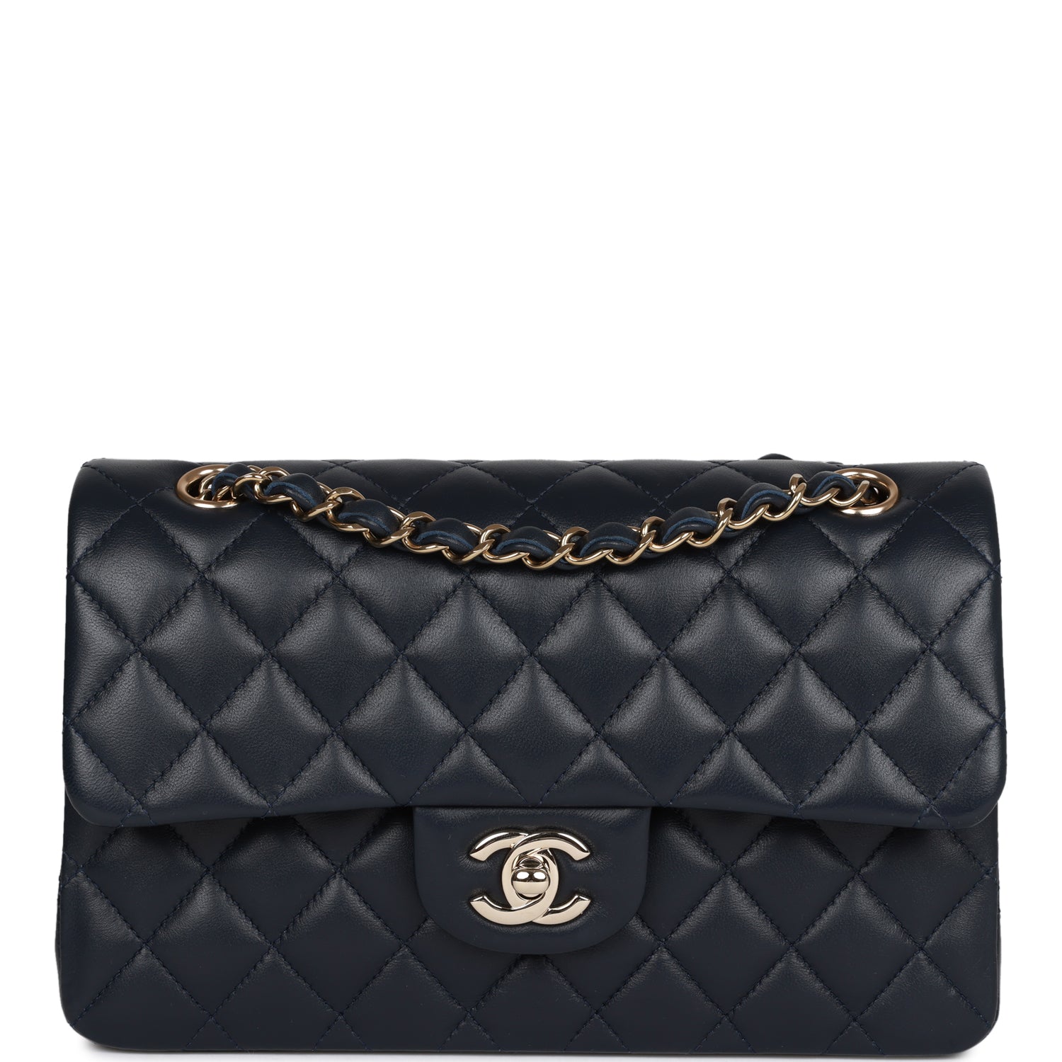 Chanel Small Classic Double Flap Navy Lambskin Light Gold Hardware 91037896