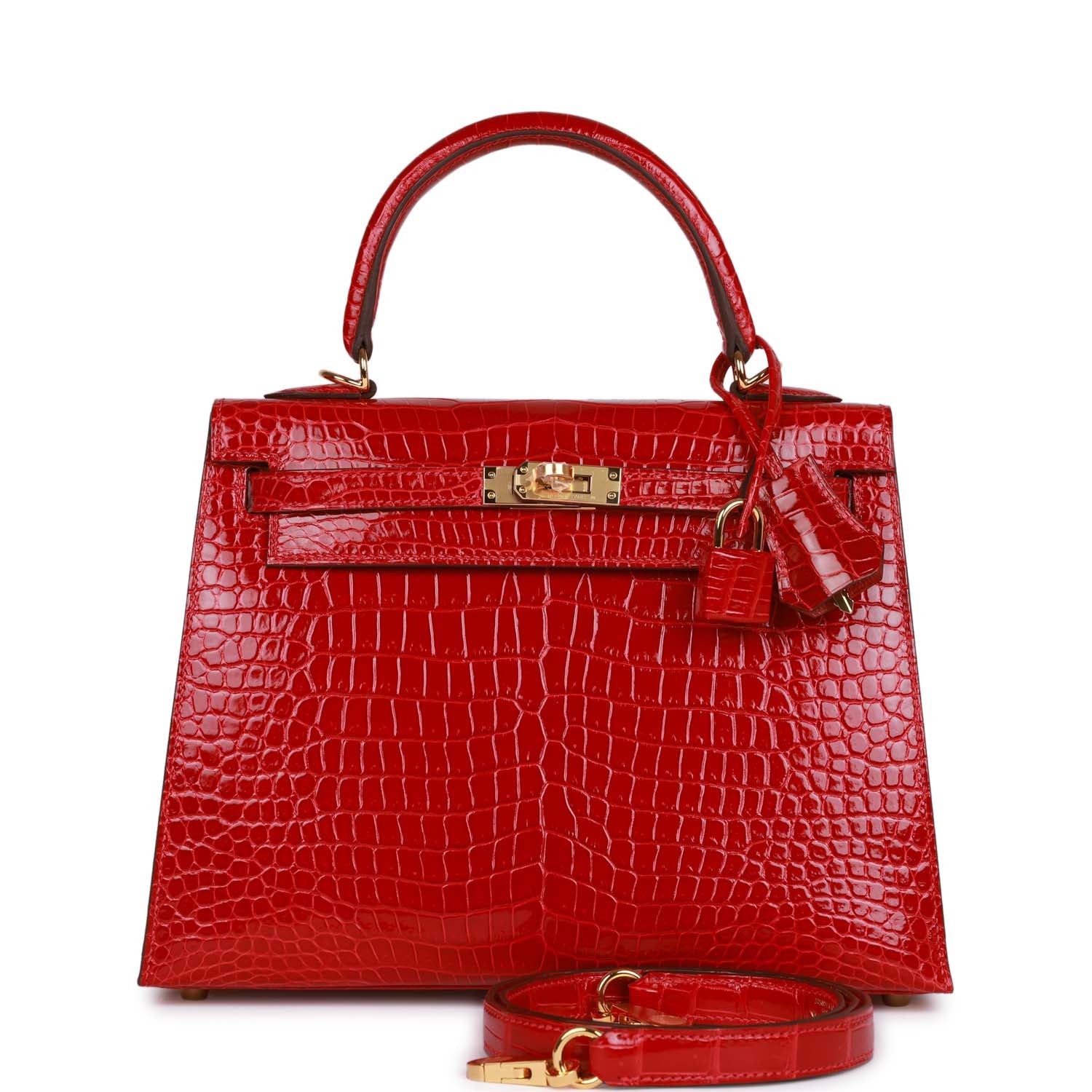 Hermes Kelly Sellier 25 Braise Shiny Porosus Crocodile Gold Hardware 158603