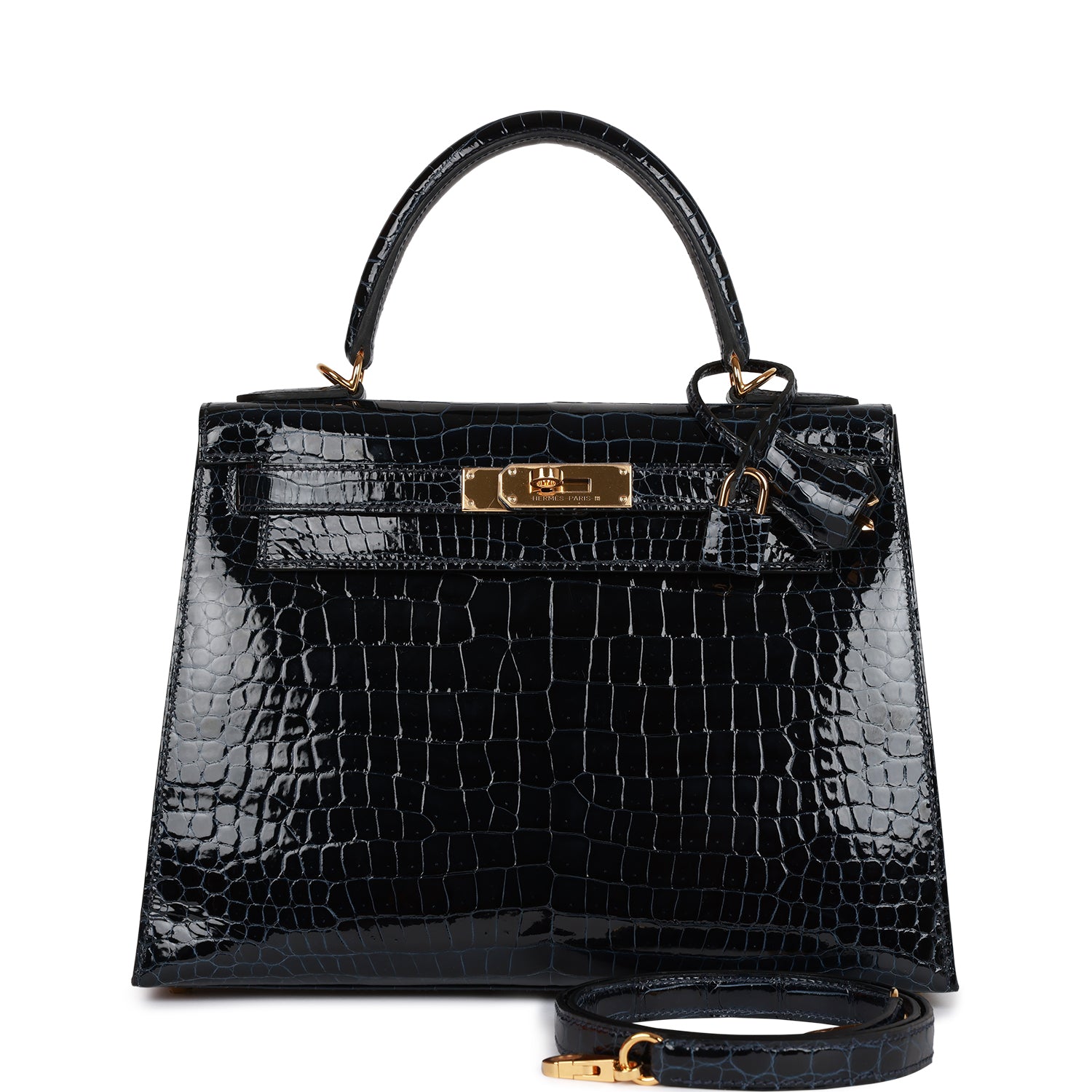 Hermes Kelly Sellier 28 Bleu Baltique Shiny Porosus Crocodile Gold Hardware 157078