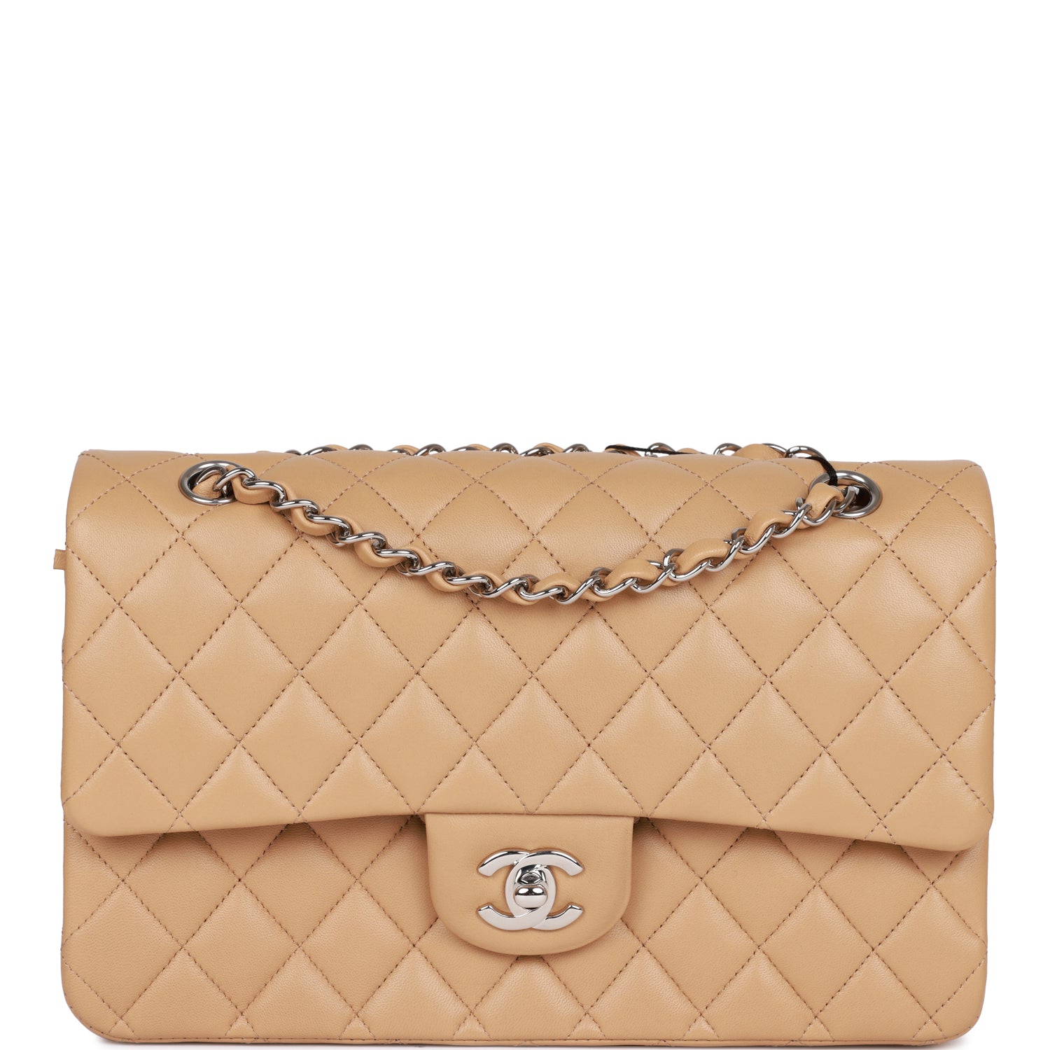 Chanel Medium Classic Double Flap Bag Beige Lambskin Silver Hardware 1343478