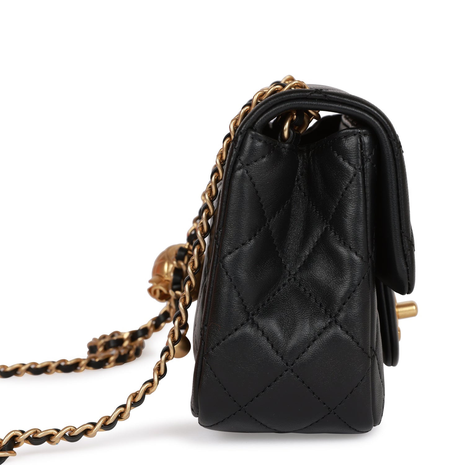 Chanel CC Pearl Crush Mini Square Flap Bag Black Lambskin Antique Gold Hardware A35200