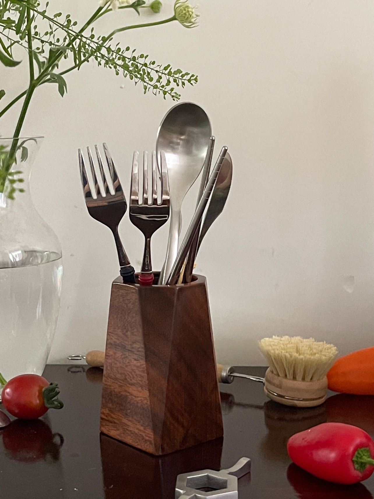 Asian-Inspired Walnut Finish Wooden Utensil Holder