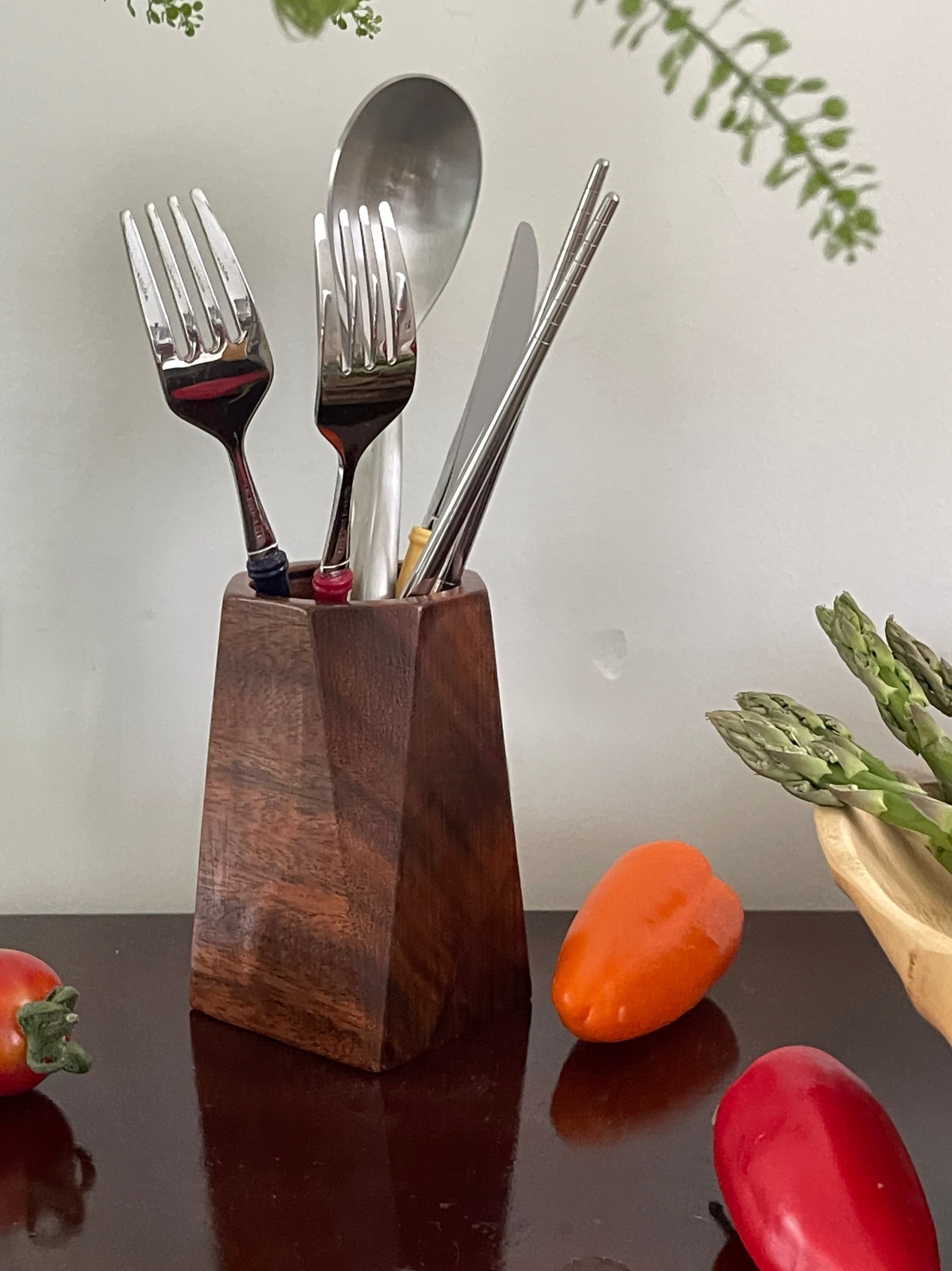Asian-Inspired Walnut Finish Wooden Utensil Holder