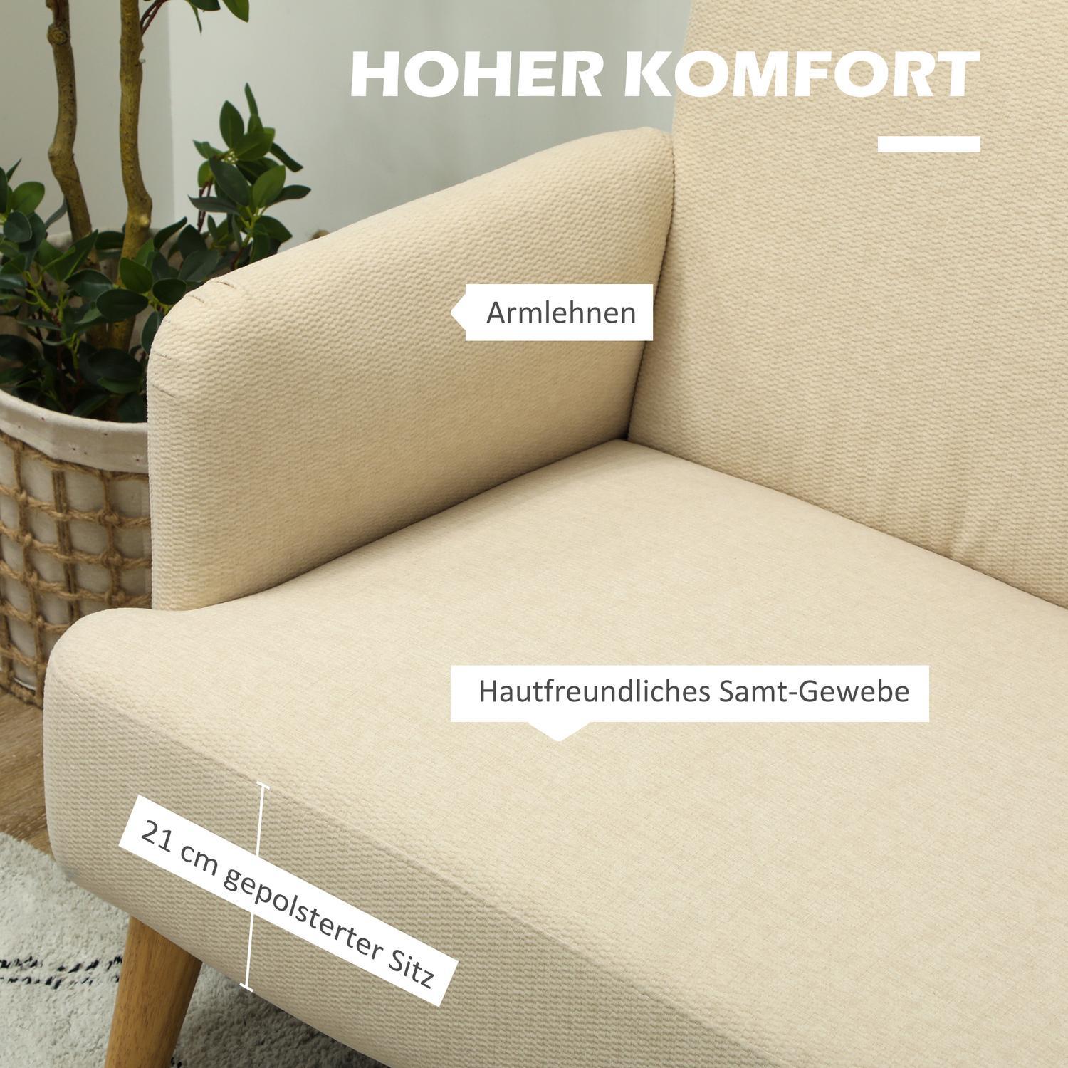 Northio 2 Sitzer Sofa, Kleine Couch mit Samtoptik, Holzbeine, Dicke Gepolsterter Polstersofa mit Armlehne für Wohnzimmer, Schlafzimmer, 130 x 74 x 79 cm, Cremeweiß