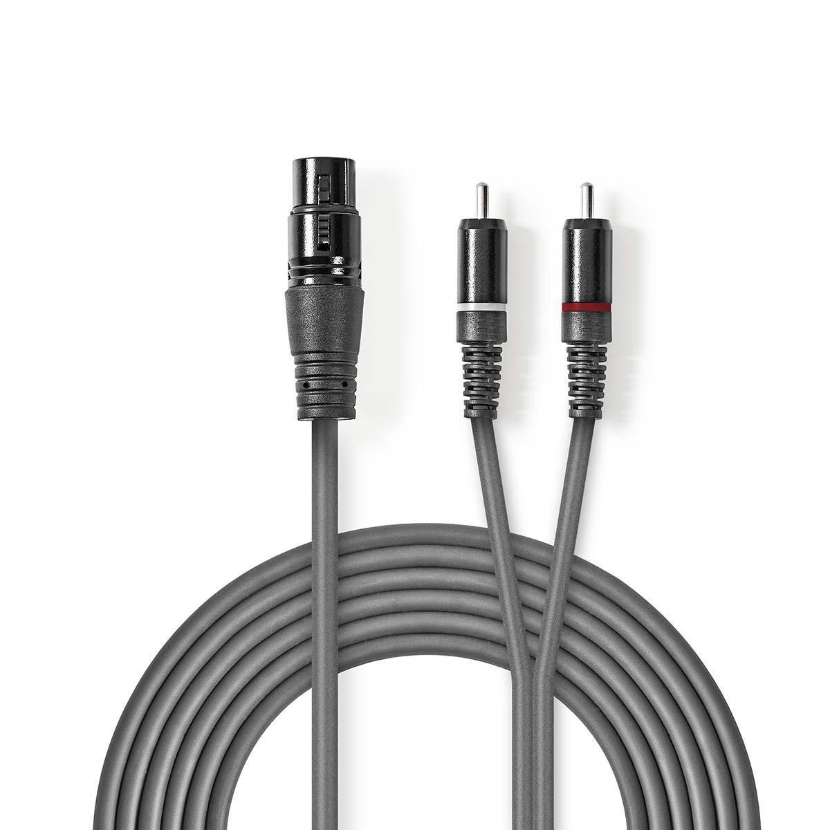 Nedis Symmetrisches Audiokabel | XLR 3-polige Buchse | 2x RCA-Stecker | Vernickelt | 1,50 m | Rund | PVC | Dunkelgrau | Papphülle