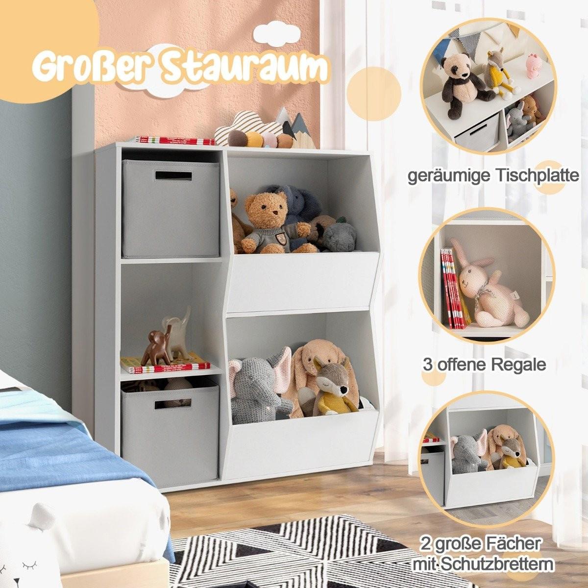 Northio Bücherregal Kinder 3-stöckiges Kinderregal mit 2 Boxen & 5 Fächern Weiß+Grau