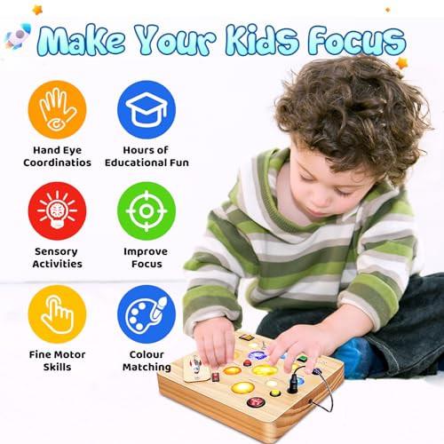 Activity-board Busy Board Spielzeug, Activity Board Holzspielzeug mit 12 Schaltern, 10 LED Lichtern und Kleinkind-Motorikspielzeug für Babys