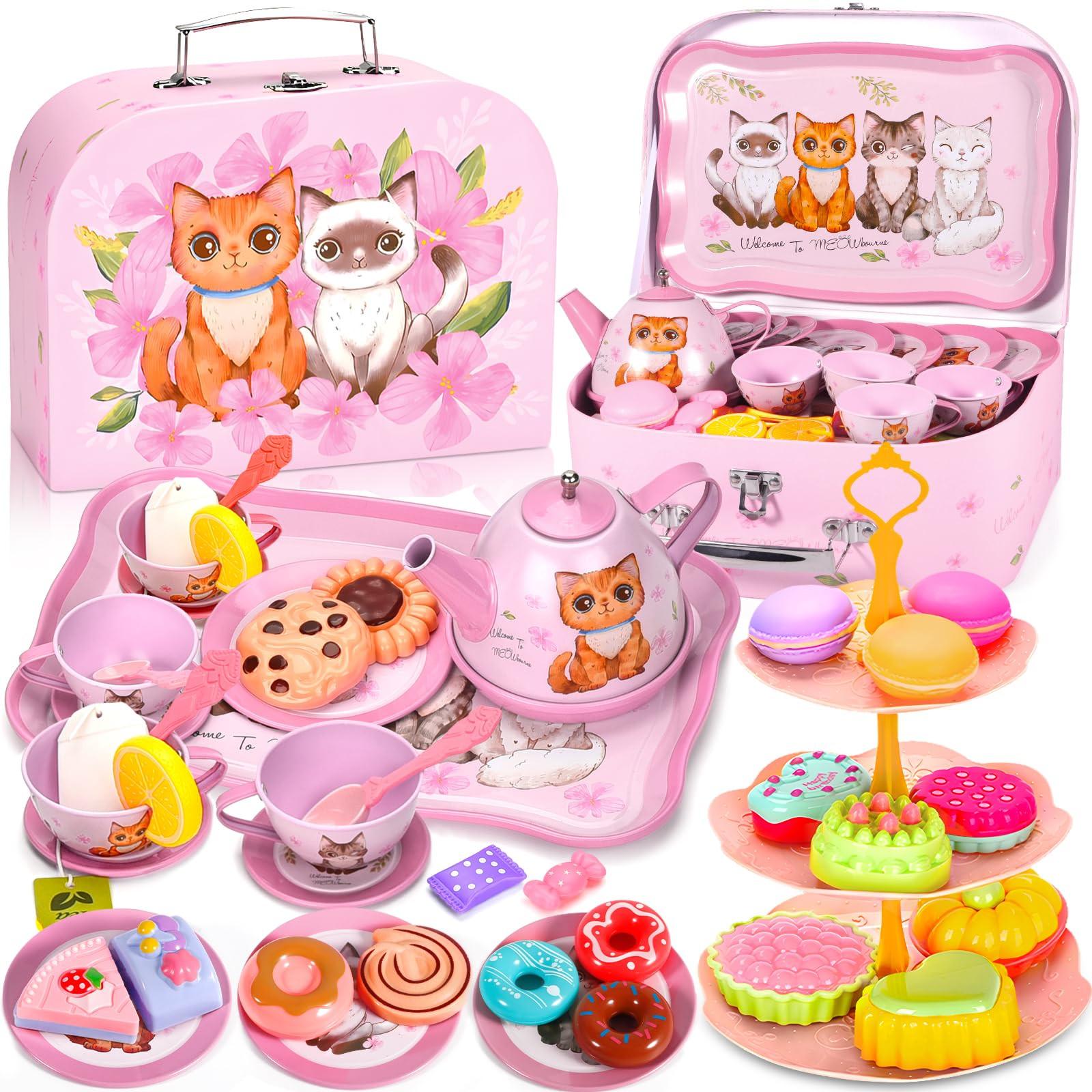 Activity-board 50-teiliges Teeset Kinder, Teeset Kinder mit Kätzchen Koffer, Teeparty Rollenspiel Spielzeug für kleine Tee-Set mit Des