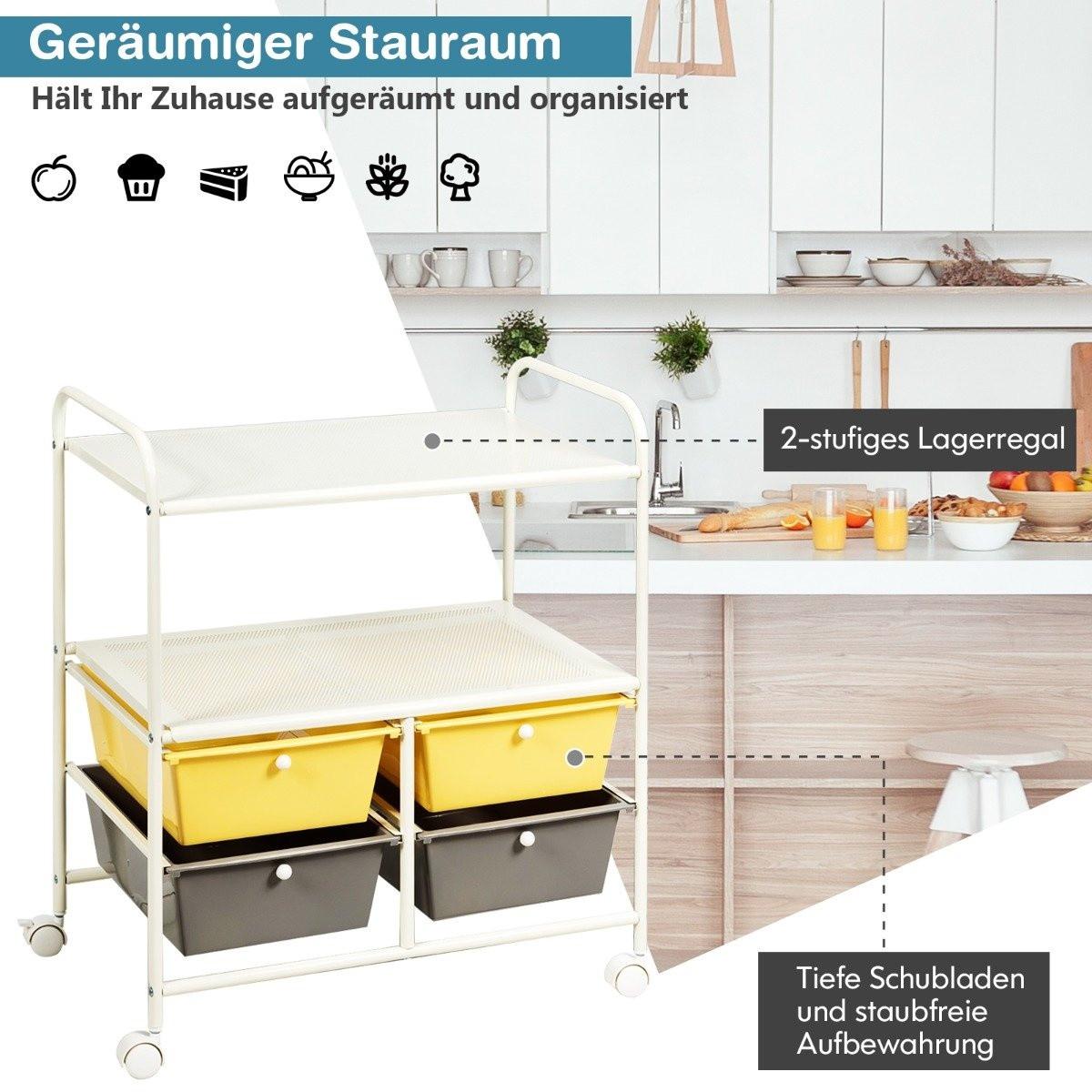 B2X Rollwagen mit 4 stapelbaren Schubladen & Metallgestell & Ablageflächen Rollcontainer Gelb