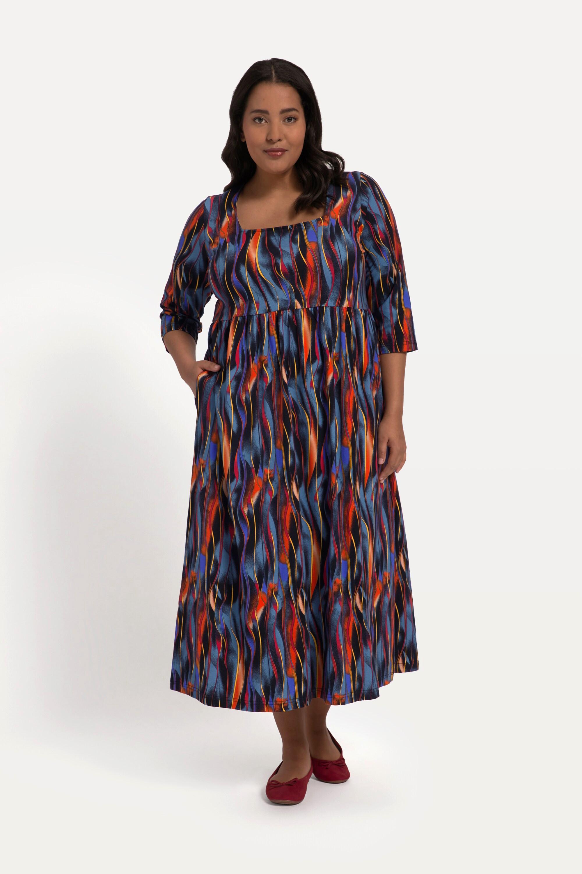 Ulla Popken Jersey A-Linien Streifenkleid mit Empirenaht Carree-Ausschnitt und 3/4-Arm