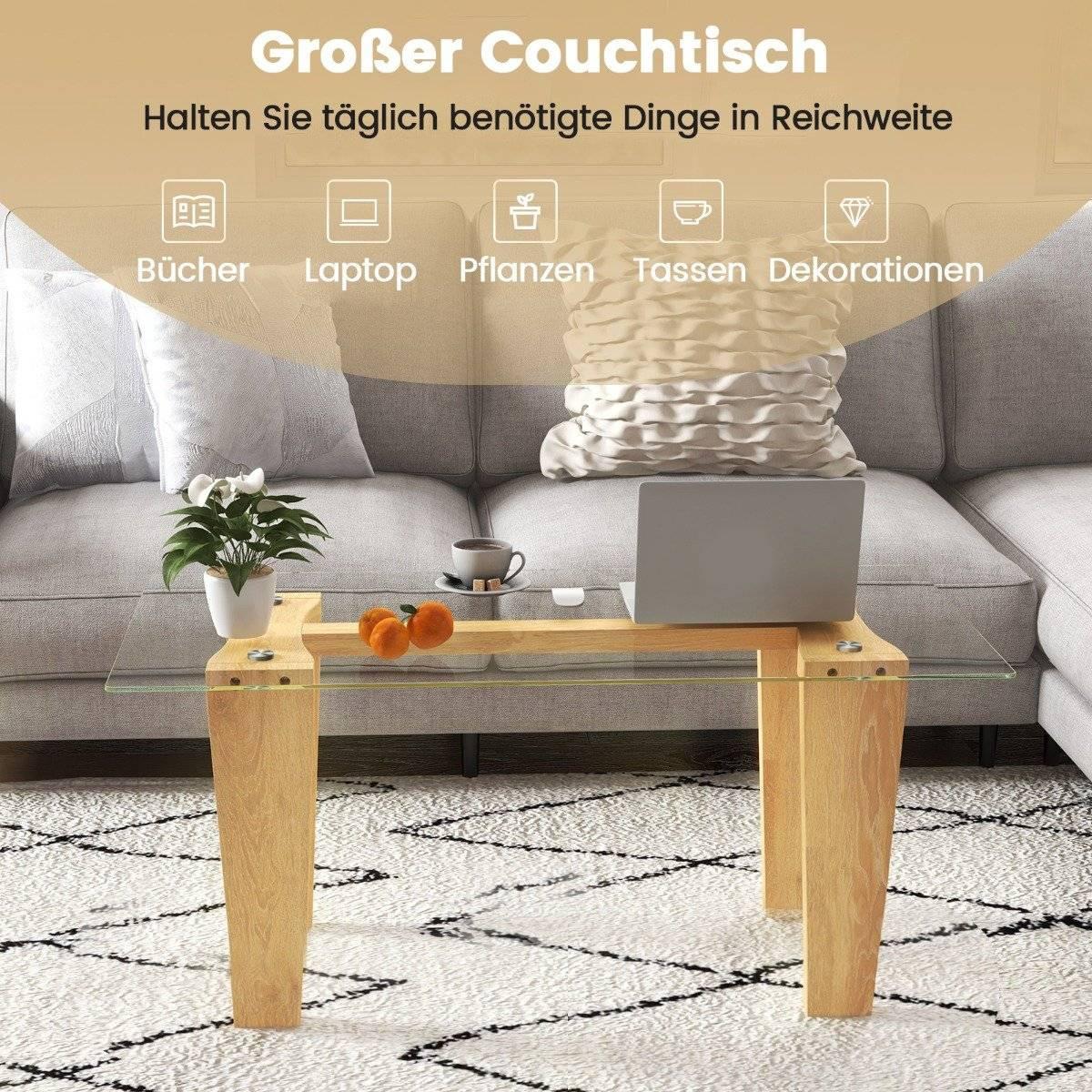 Northix Glas Couchtisch mit Gummiholzbeinen Rechteckiger Beistelltisch Glastisch Kaffeetisch