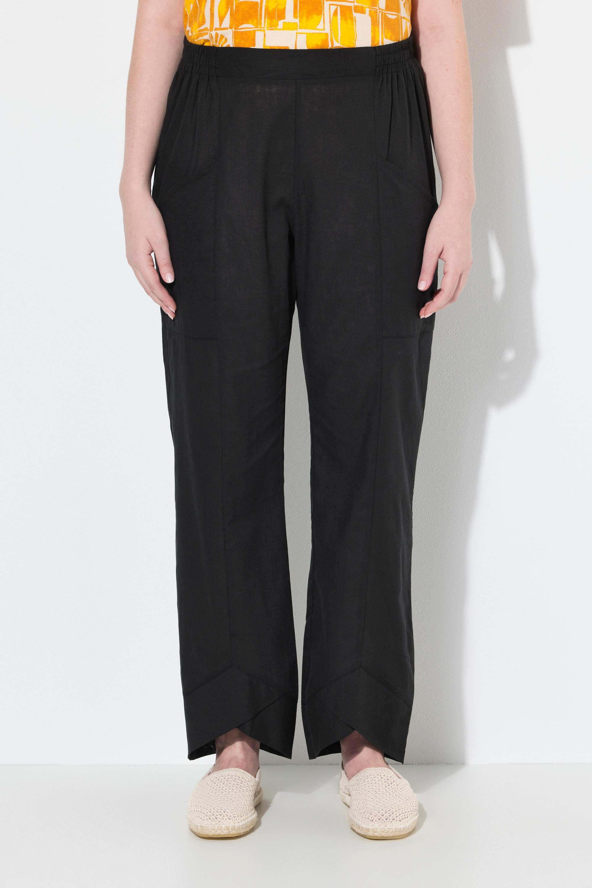 Ulla Popken Hose, Leinenmix, Schmucksaum, weites Bein, Biobaumwolle