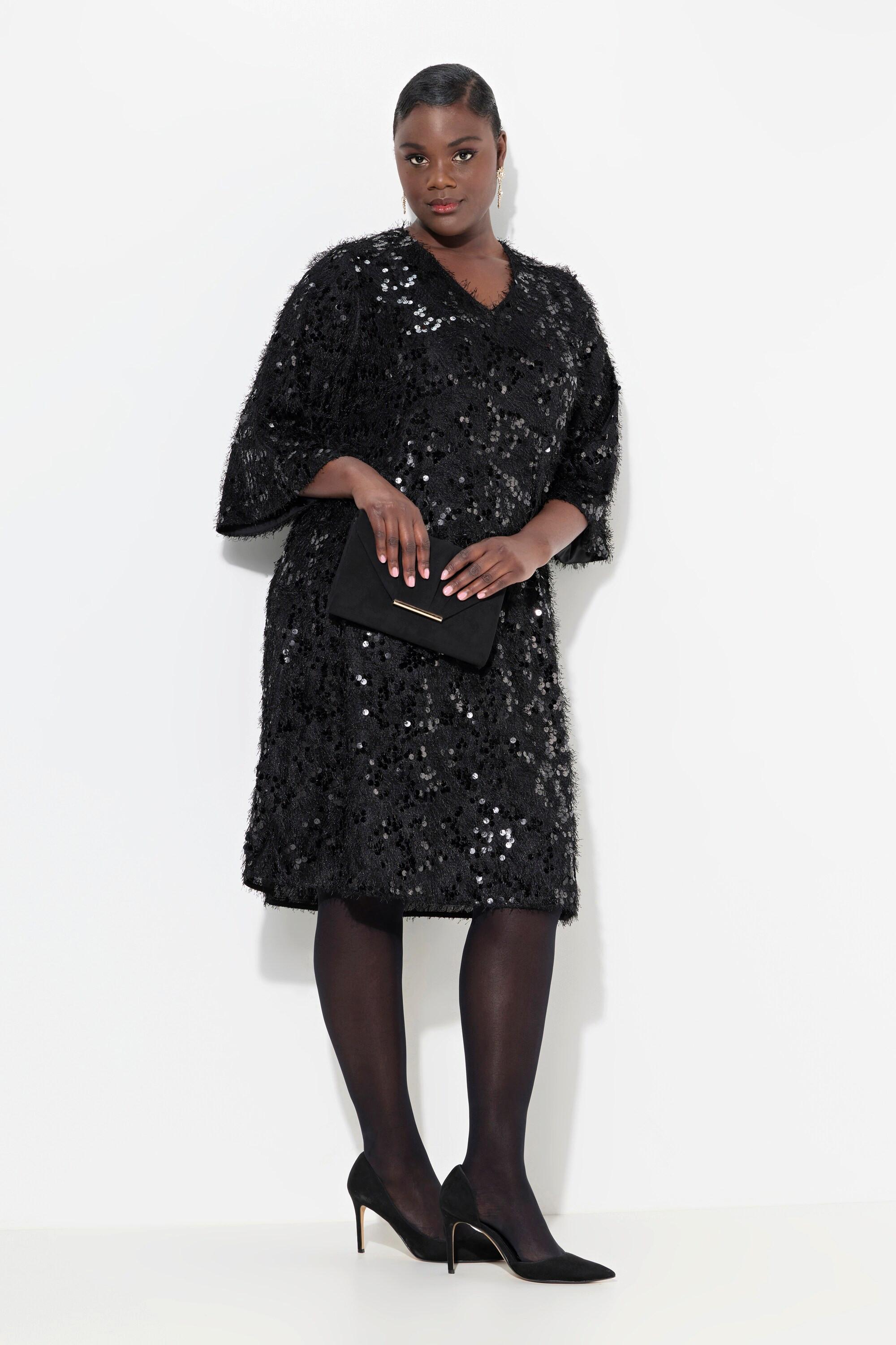 Ulla Popken Fransen Pailletten V-Ausschnitt 3/4 Arm Kleid