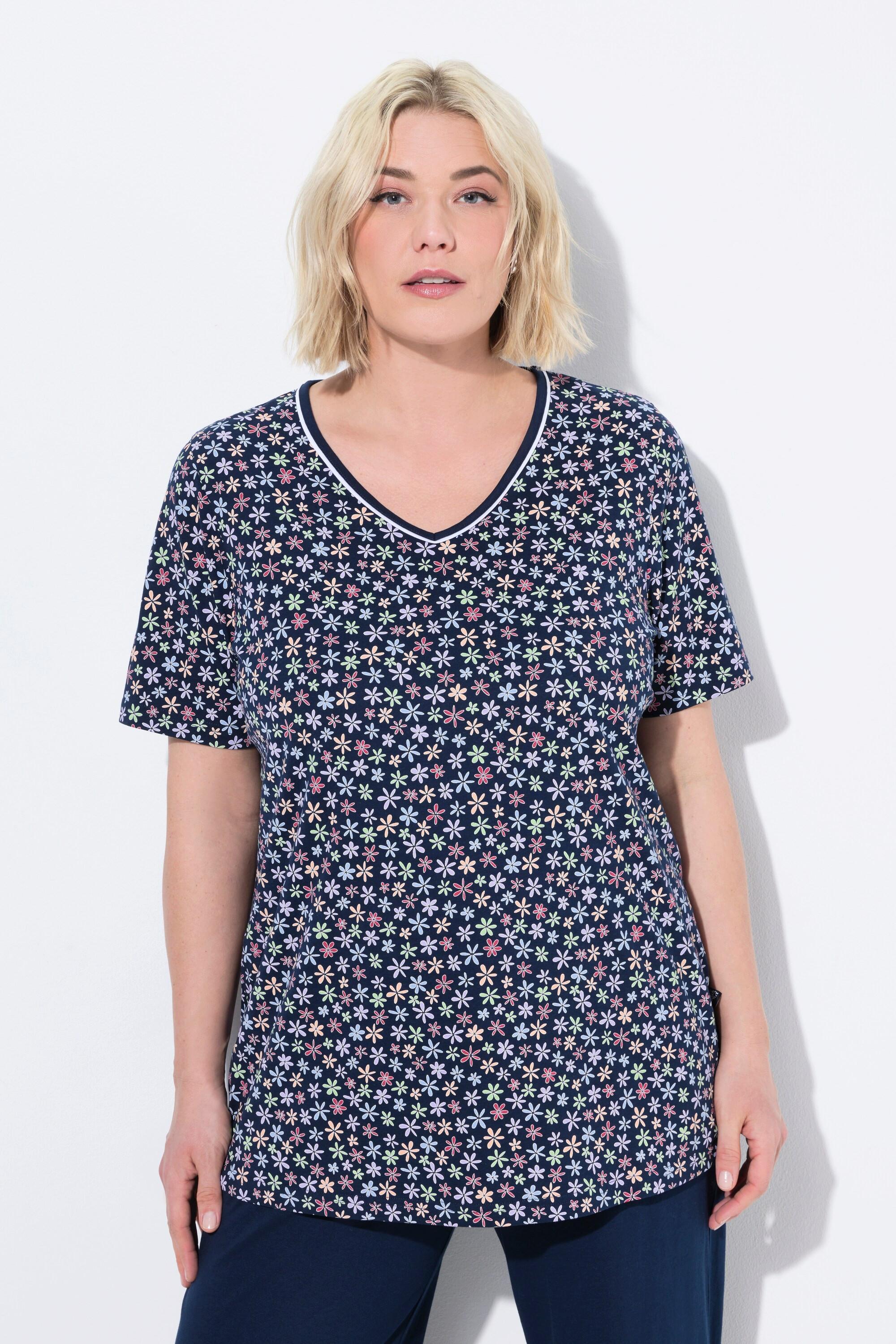 Ulla Popken Pyjamashirt, Blüten, V-Ausschnitt, Halbarm