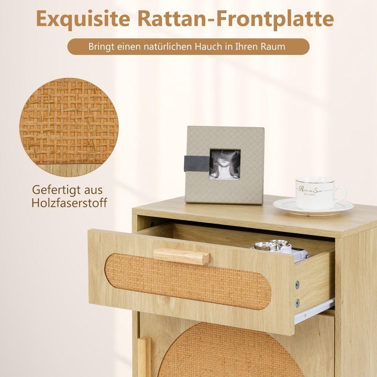 Northix Rattan Nachttisch mit Schublade & Schrank Nachtschrank im Boho-Stil Beistelltisch Sofatisch
