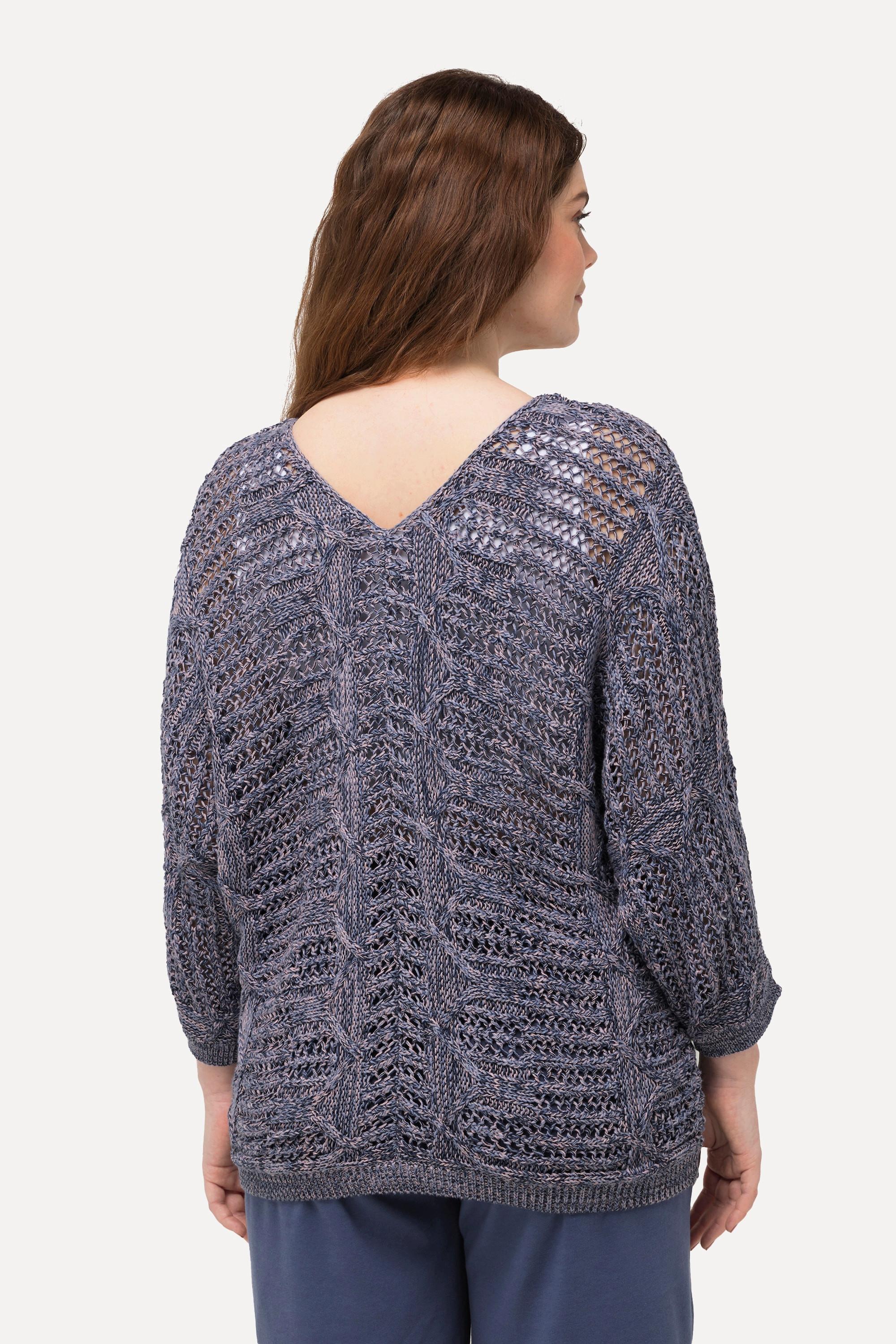 Ulla Popken Pullover, Ajourmuster, V-Ausschnitt, 3/4-Arm, Biobaumwolle