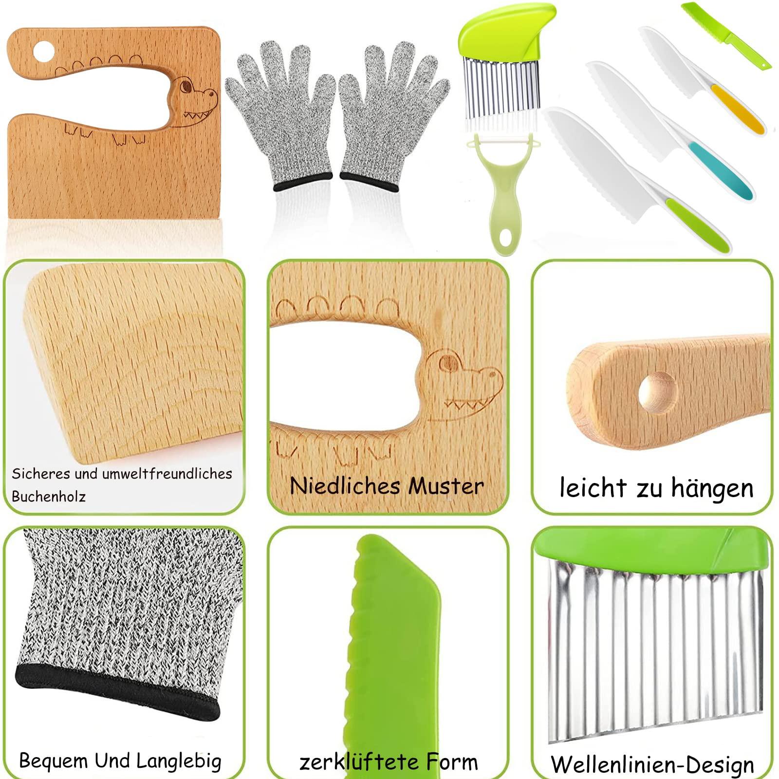 Activity-board Kindermesser 9-teiliges Kinder-Küchenmesser-Set zum Schneiden und Kochen von Obst oder Gemüse für kleine Kinder, Sicherheits-Holzmesser-Schneidebrett-Schälmesser