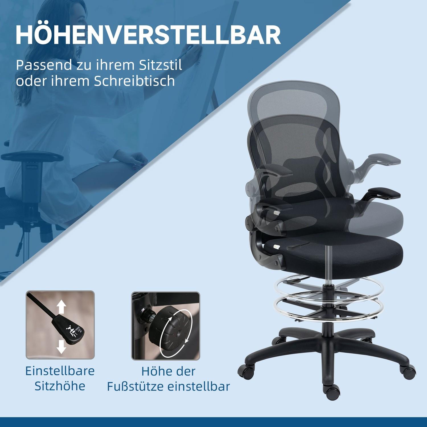 Northio Bürostuhl Ergonomischer Arbeitsstuhl Mit Verstellbarem Fußring, 110-130 Cm Höhenverstellbar, Rollen, Lendenwirbelstütze, Schwarz