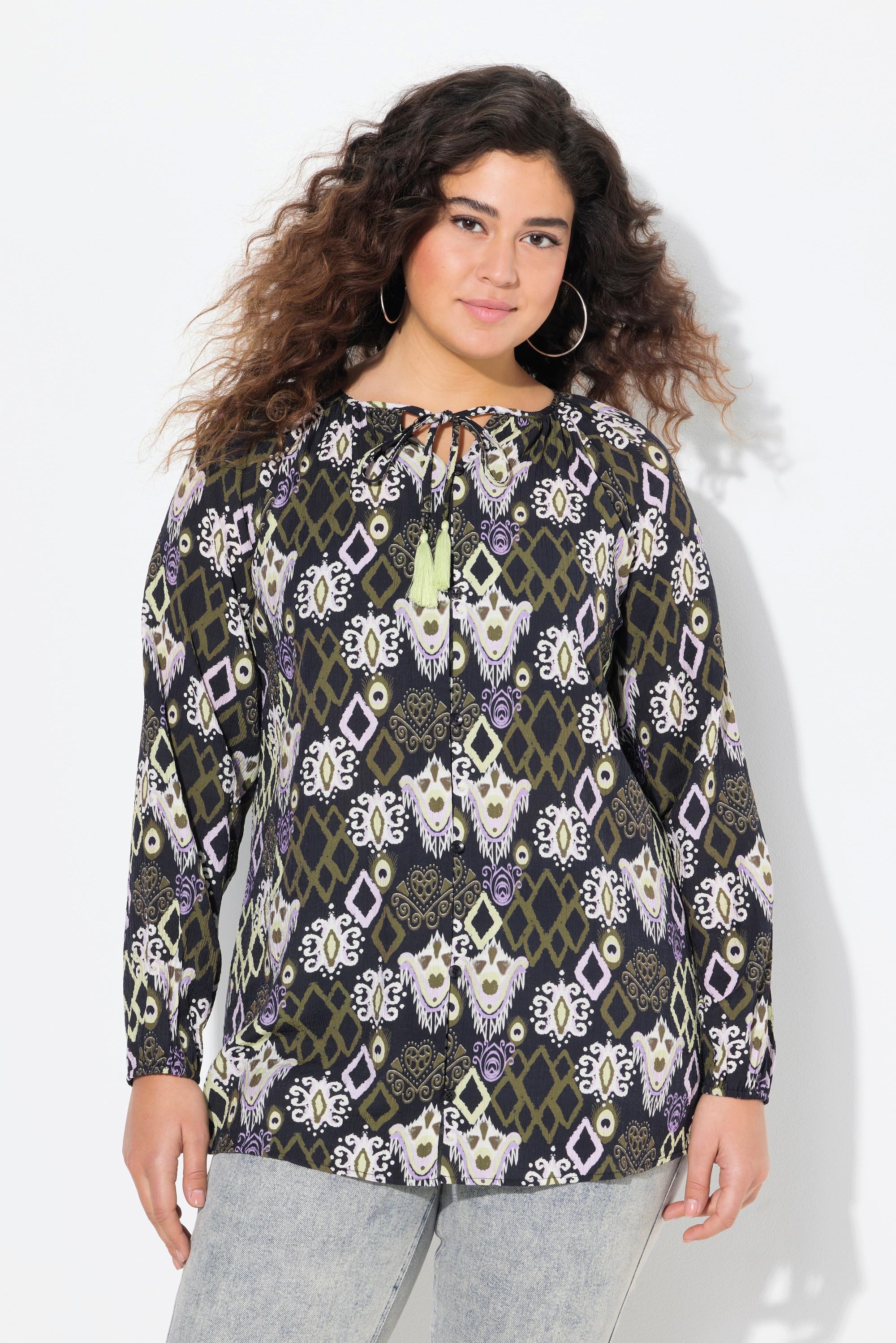 Ulla Popken Bluse, Quastenband, Rundhals, Langarm