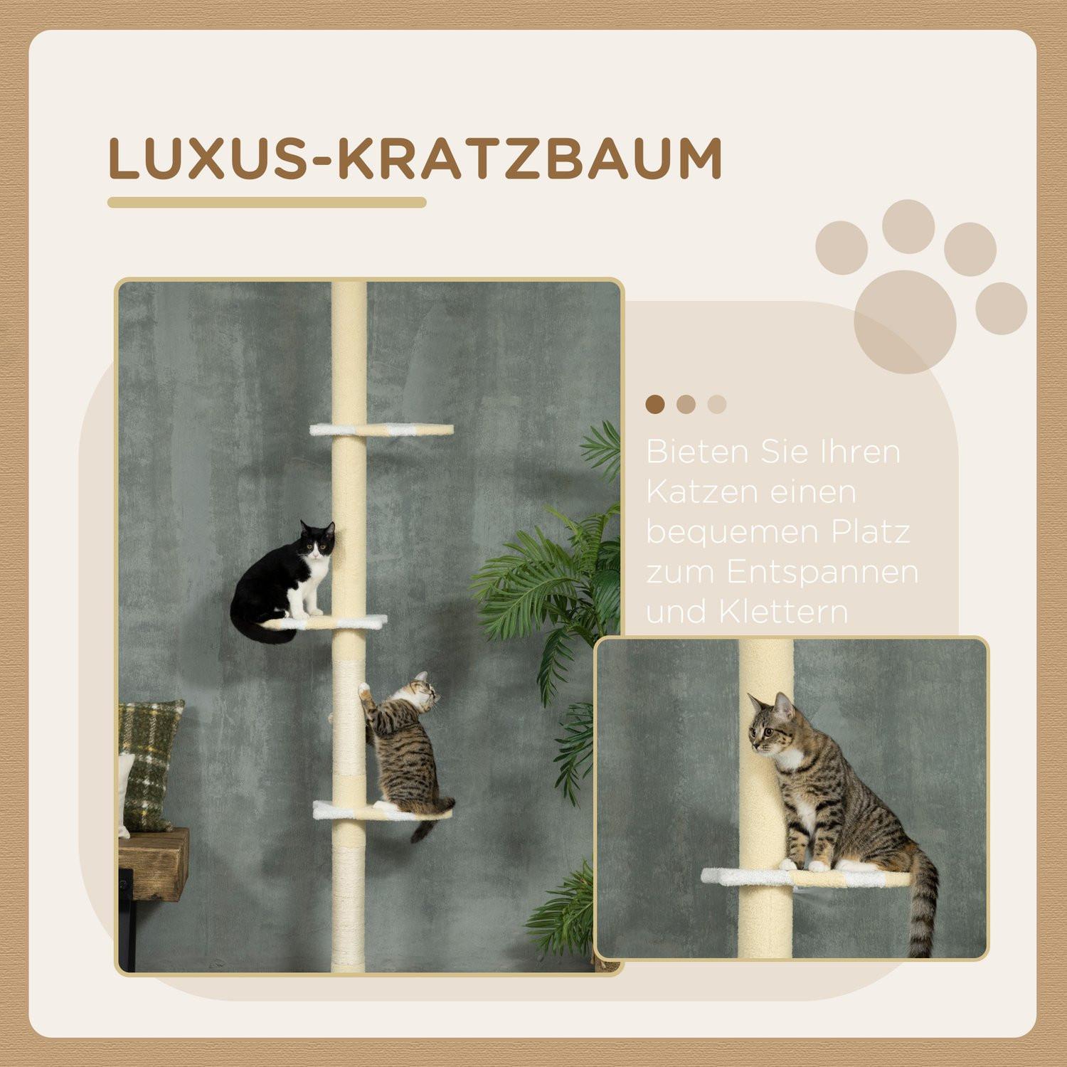 Northio Kratzbaum, Katzenkratzbaum Deckenhoch, 220-260 cm, Kletterbaum mit Spielball, Katzenbaum Höhenverstellbar, Spielbaum mit Kippschutz, Plüsch, Gelb