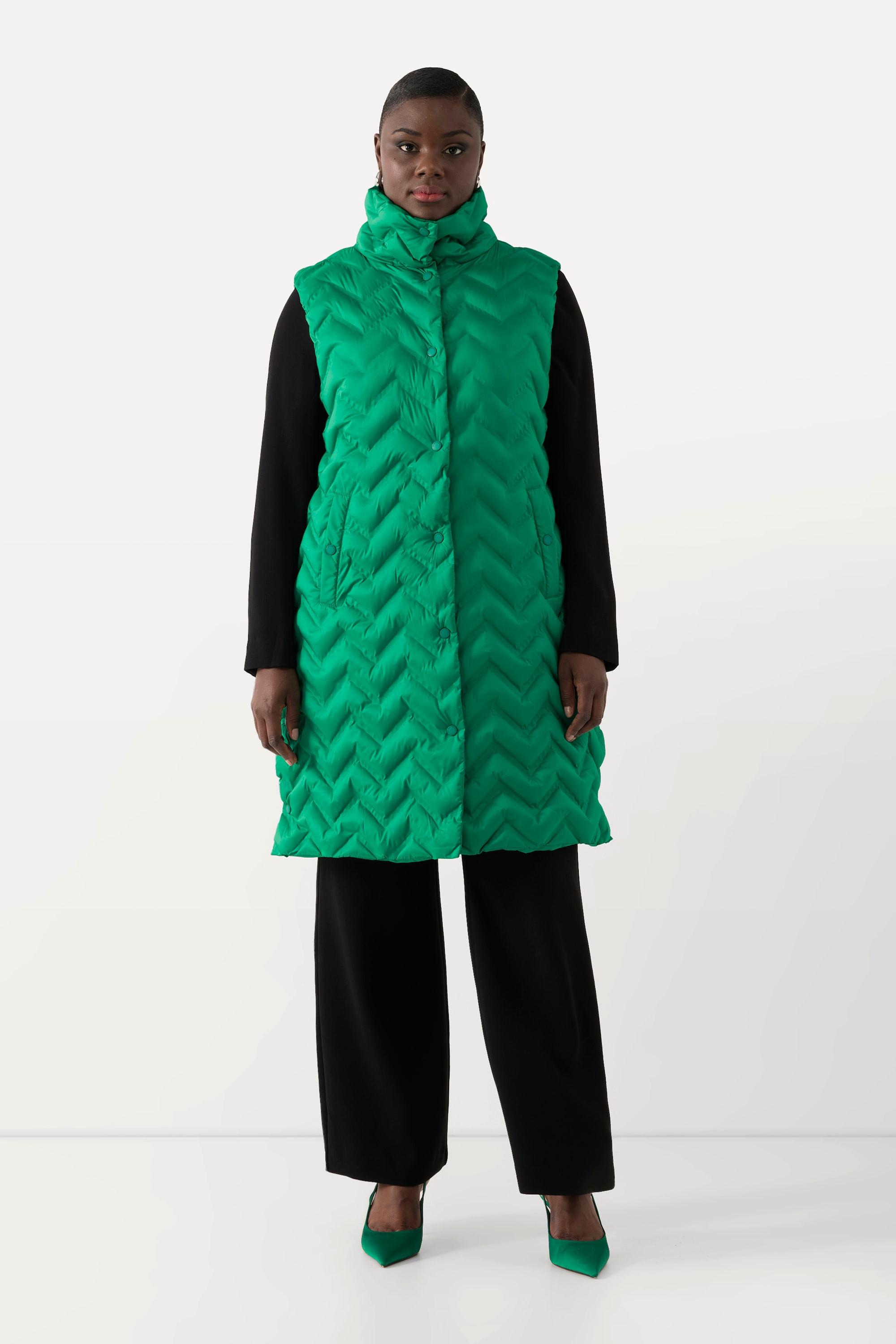 Ulla Popken Long-Steppweste, Stehkragen, A-Linie, ärmellos