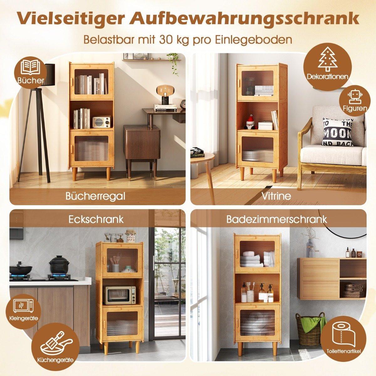 B2X Küchenschrank aus Bambus 3-stöckiger Buffetschrank mit 2 Acryltüren Natur 49,5 x 40 x 130 cm