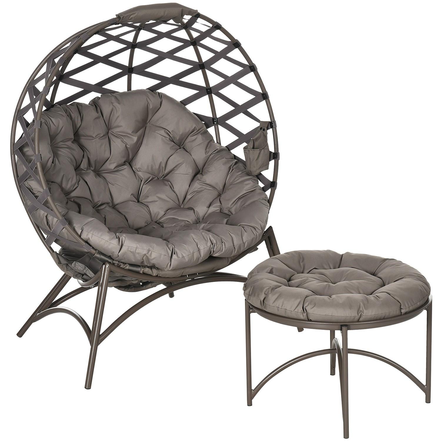 Northio 2Tlg. Gartenstuhl-Set, Korbstuhl Mit Faltbarem Sitzkorb, Inkl. 2-In-1-Hocker, Kissen, Loungesessel Stahl, Sand, 118 X 75 X 142 Cm