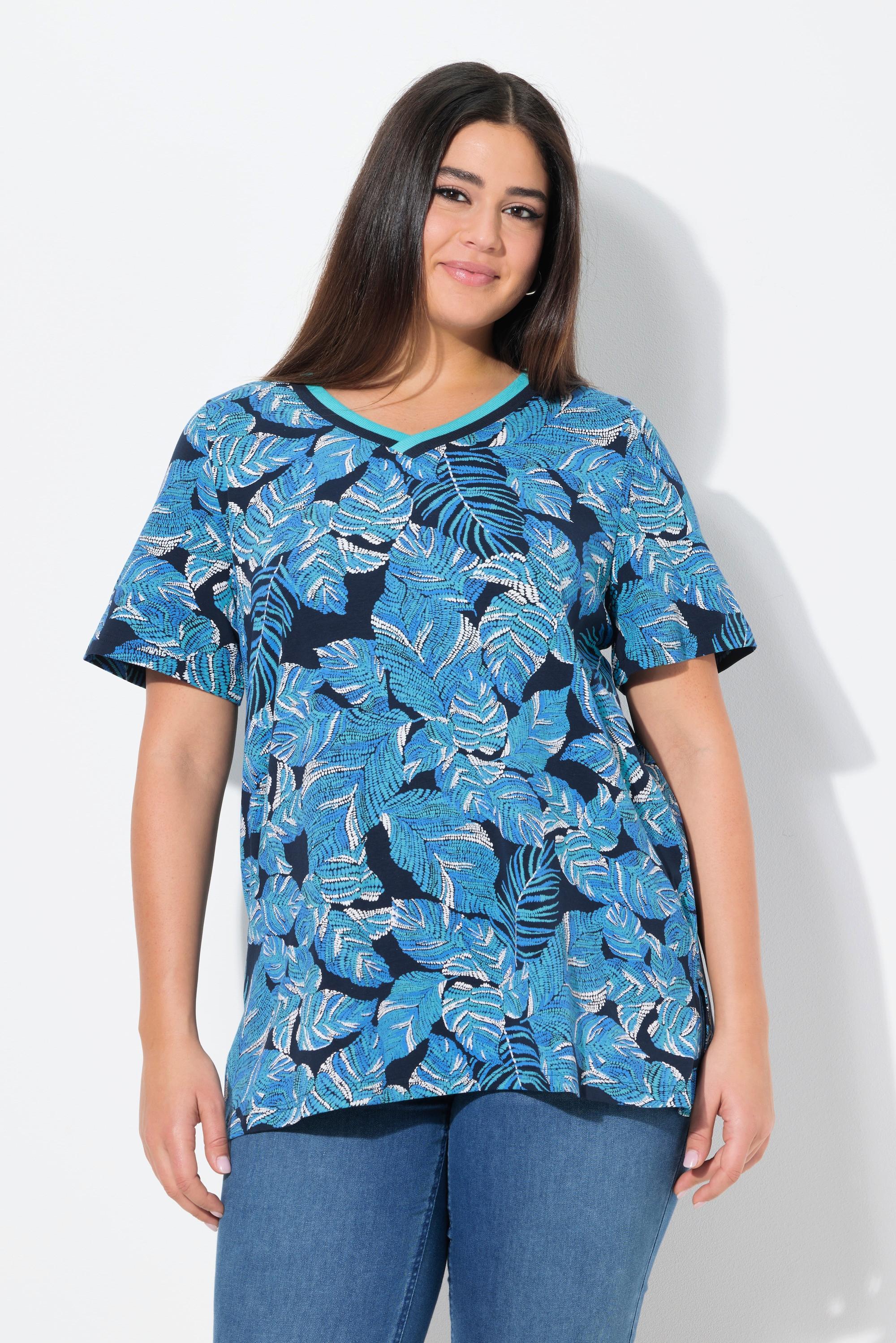 Ulla Popken Blätter A-Linie V-Ausschnitt Flügel-Halbarm T-Shirt