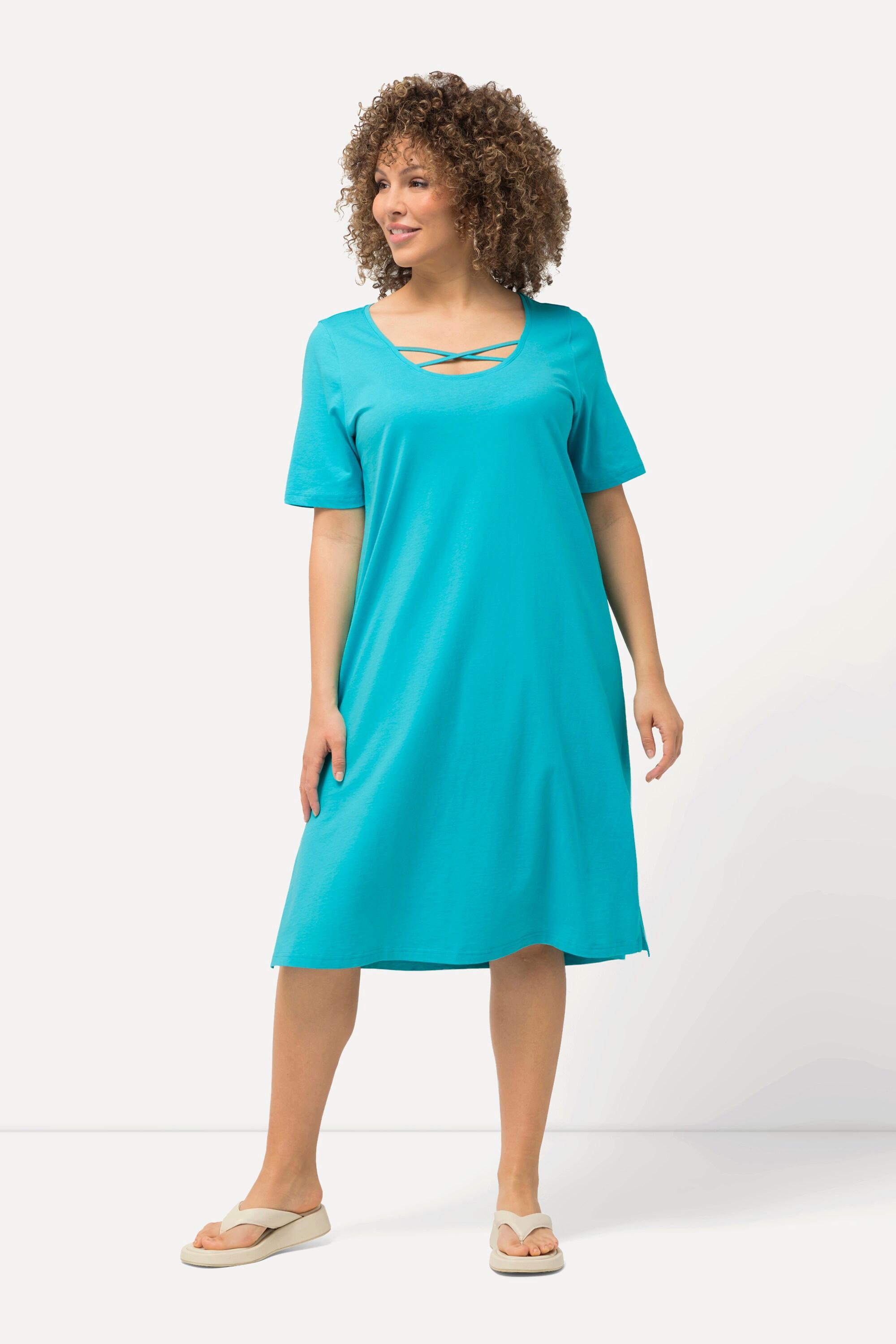 Ulla Popken Jerseykleid A-Linie mit Zierbändern Rundhals Halbarm