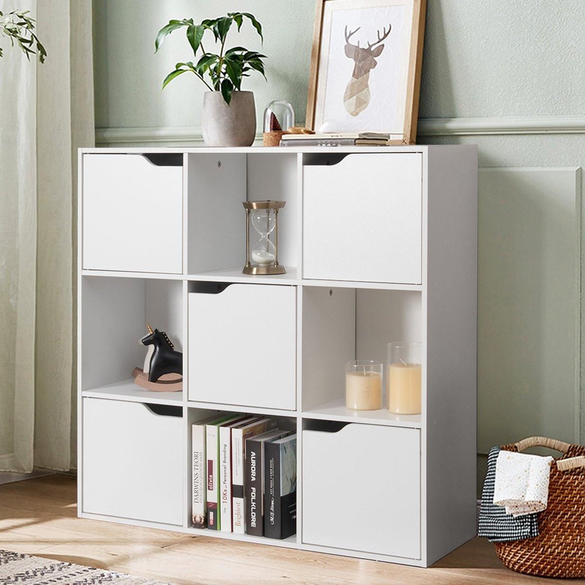 Northio 9-Fächer Stauraum Organizer Regal mit Türen freistehendes Holz Bücherregal-Weiß