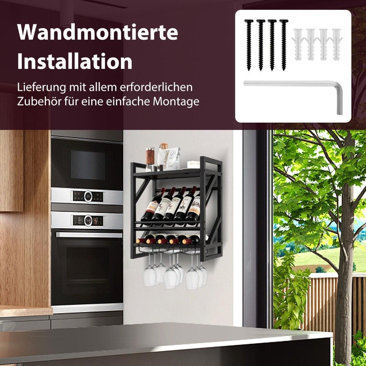 Northio Wandmontierter Weinregal mit 2 Ebenen Weinflaschenregal & 3 Reihen für Weinglashalter platzsparendes Wand Weinregal