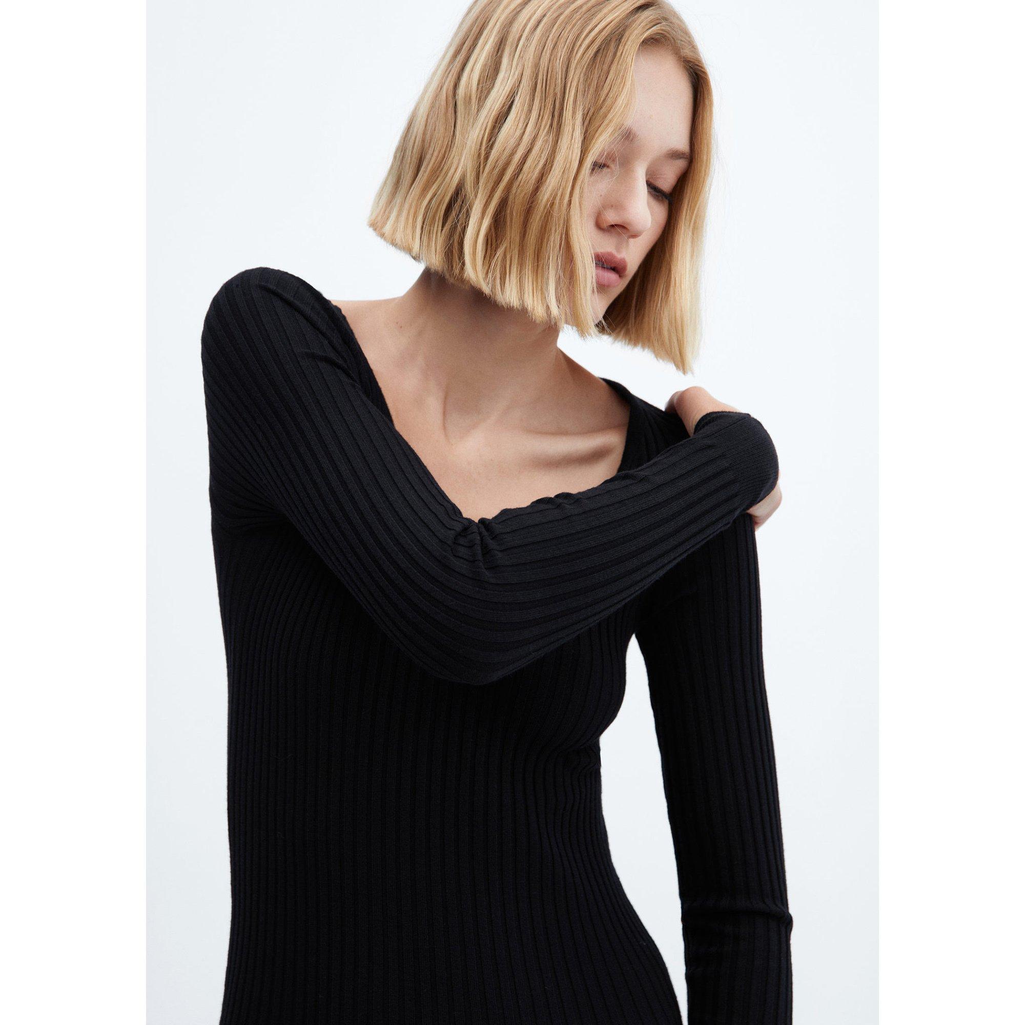 MANGO GOLETA Geripptes Langarm Midikleid