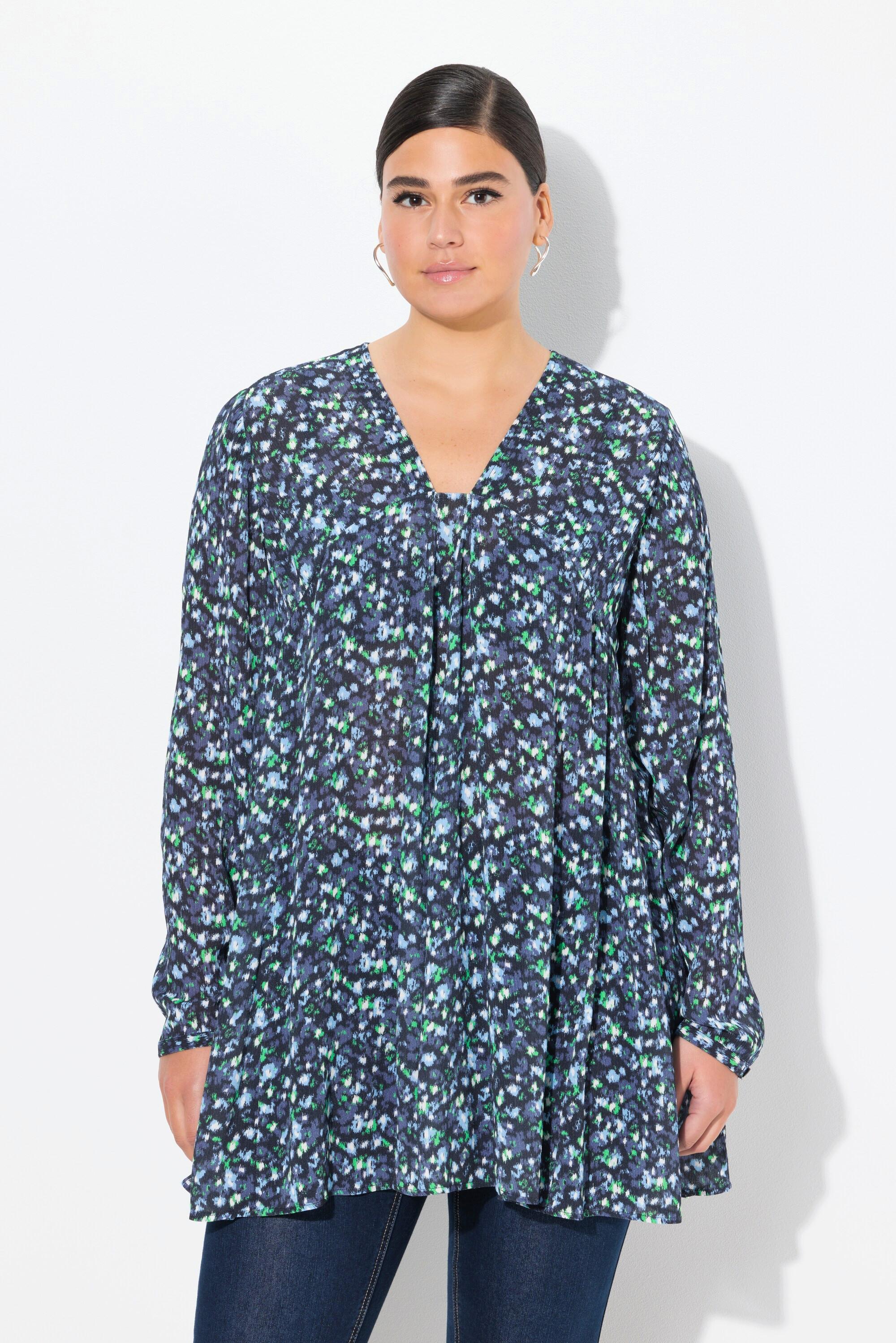Ulla Popken Bluse, Alloverdruck, A-Linie, Carree-Ausschnitt, Langarm