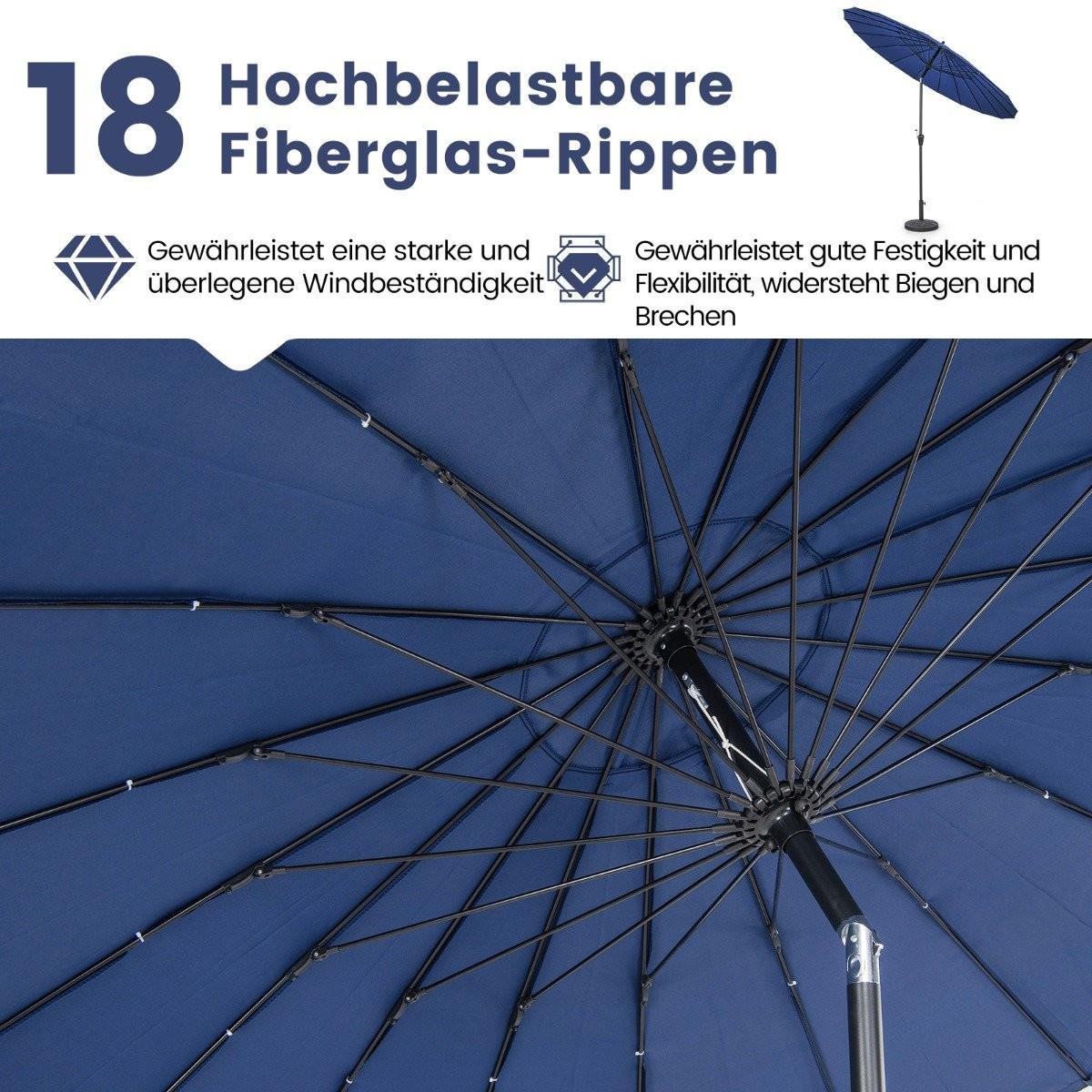 Northix Terrassenschirm mit 18 Glasfaserrippen & Neigung per Knopfdruck & Kurbel Tischschirm Marineblau